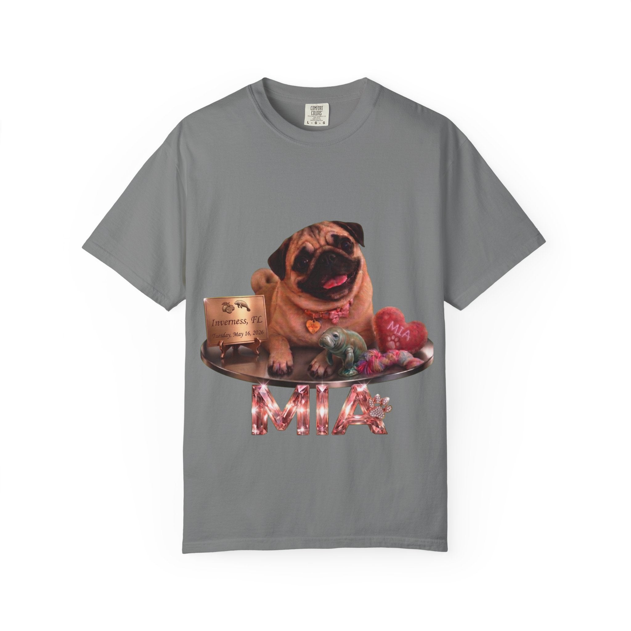 Pug Pet Portrait T-Shirt — Personalized "MIA" Dog Design