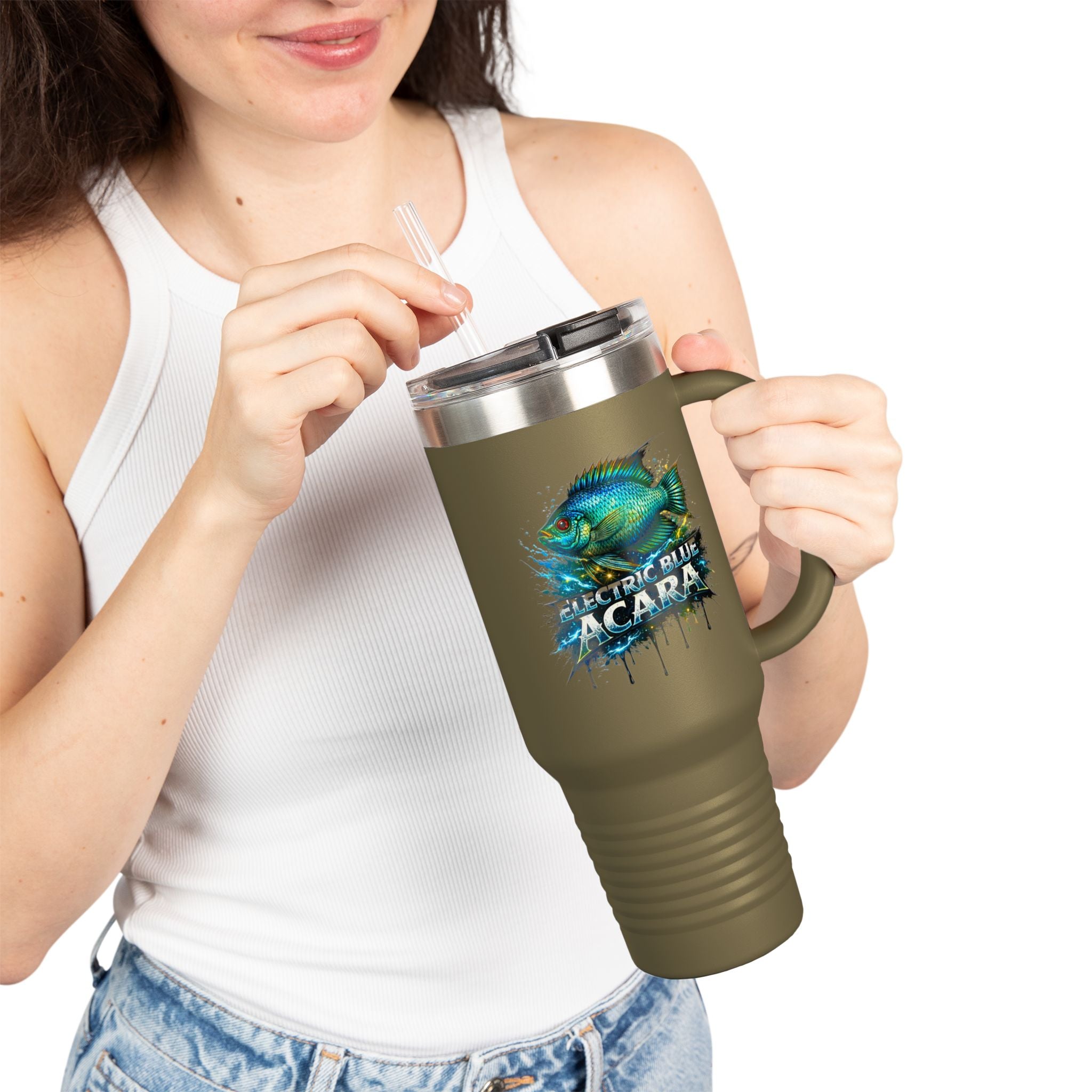 40oz Insulated Travel Mug - 'Electric Blue Acara' Fish Graphic, Leak-Resistant Tumbler for Aquarium Enthusiasts