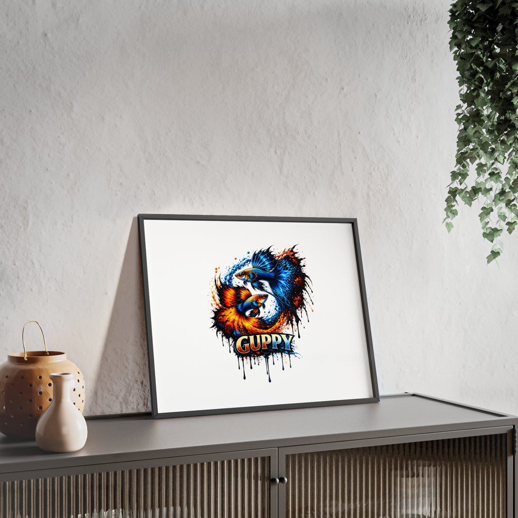 Guppy Fish Art Poster with Wooden Frame — Colorful Koi-Style Aquarium Print