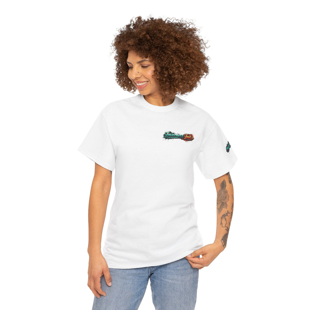 Inverness Ink Graphic Tee — Bold Blue & Orange Splash Backprint