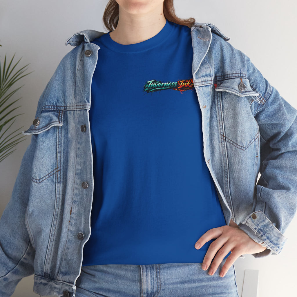 Inverness Ink Graphic Tee — Bold Blue & Orange Splash Backprint