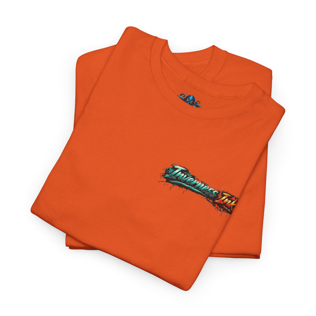 Inverness Ink Graphic Tee — Bold Blue & Orange Splash Backprint