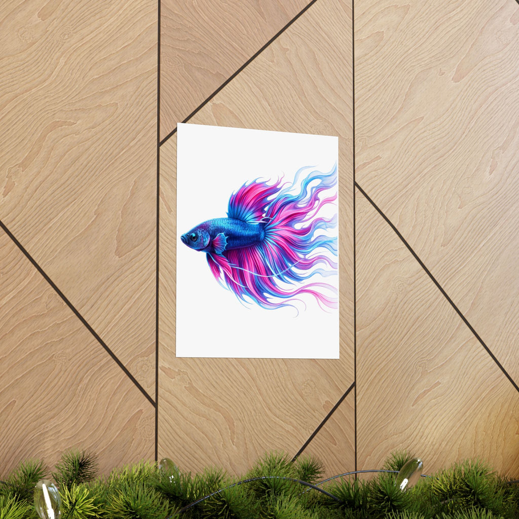 Betta Fish Art Poster — Colorful Blue & Pink Matte Vertical Wall Print