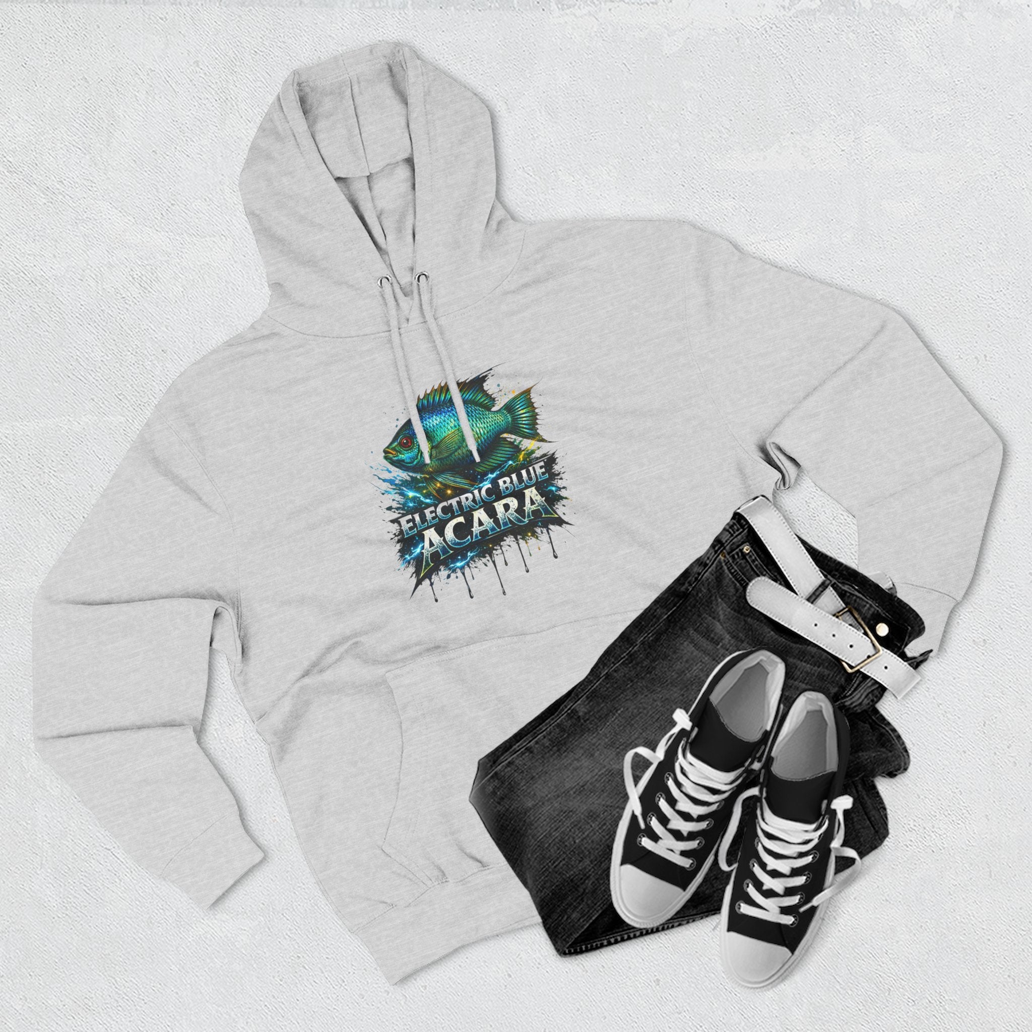 Electric Blue Acara Hoodie — Colorful Aquarium Fish Graphic Fleece Pullover