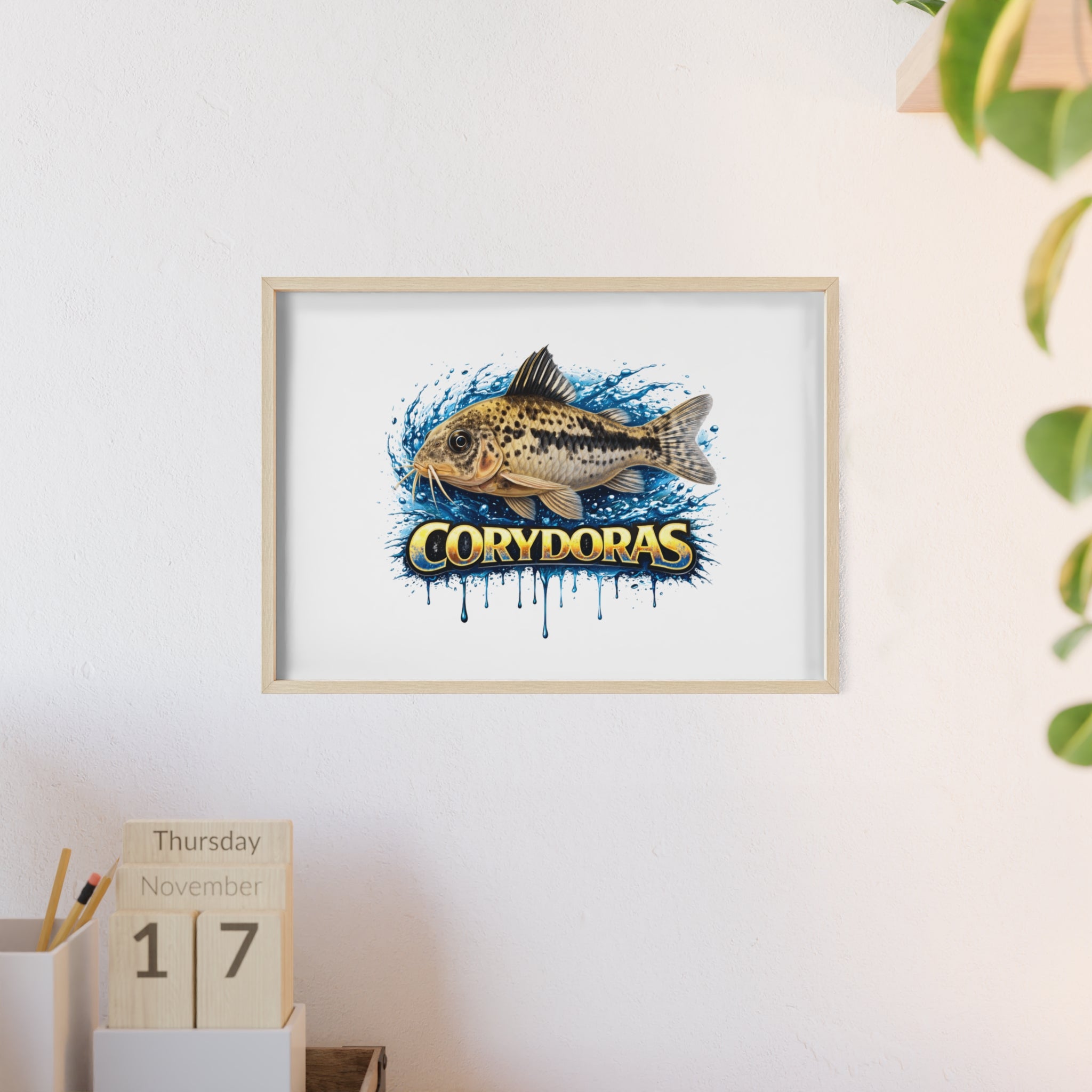 Peppered Corydoras Fish Poster with Wooden Frame — Aquarium Wall Art