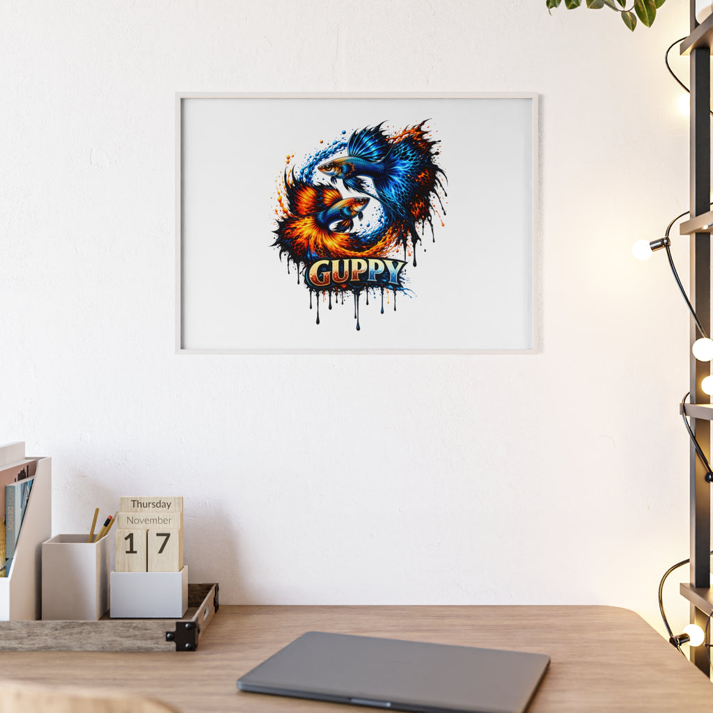 Guppy Fish Art Poster with Wooden Frame — Colorful Koi-Style Aquarium Print