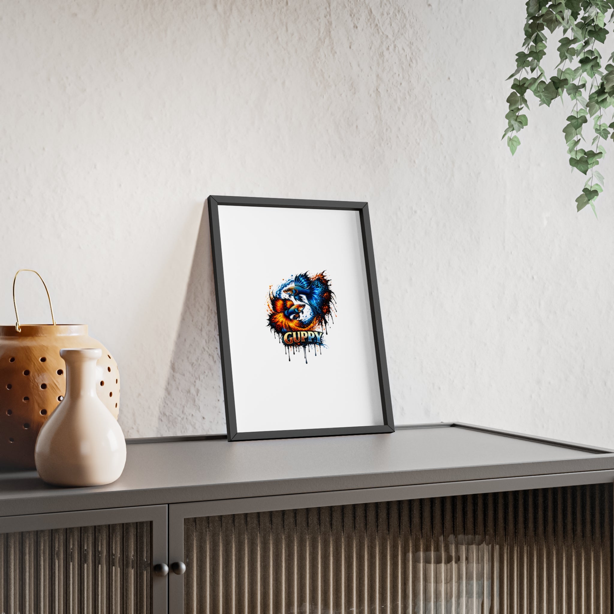 Guppy Fish Art Poster with Wooden Frame — Colorful Koi-Style Aquarium Print