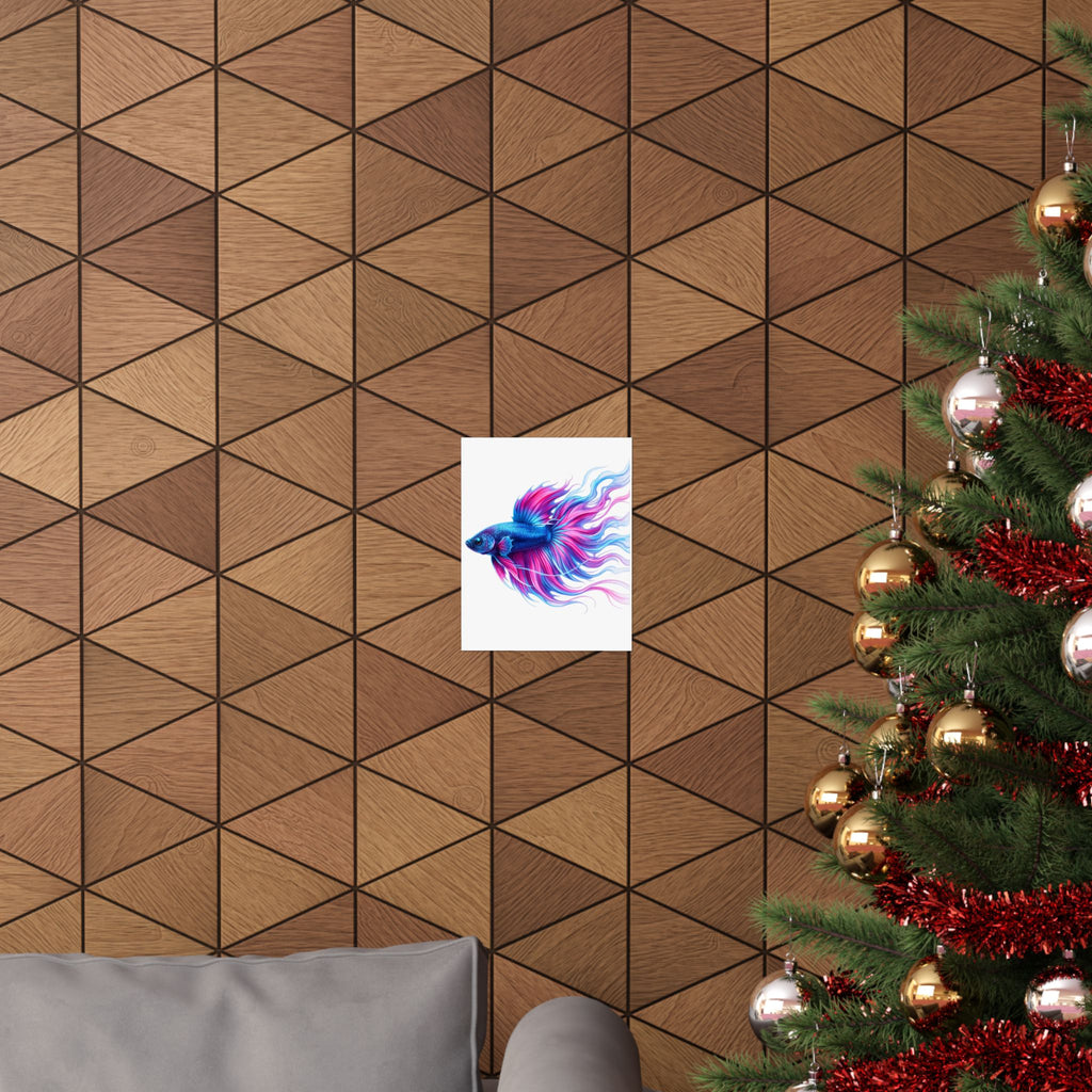 Betta Fish Art Poster — Colorful Blue & Pink Matte Vertical Wall Print