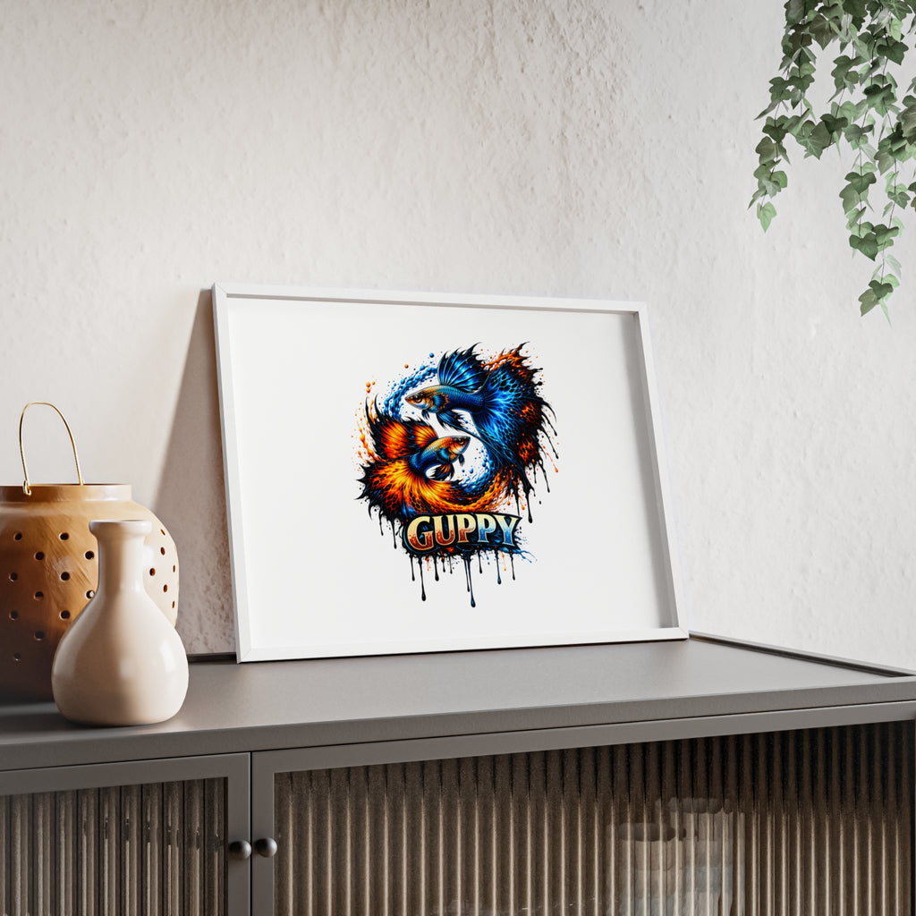 Guppy Fish Art Poster with Wooden Frame — Colorful Koi-Style Aquarium Print