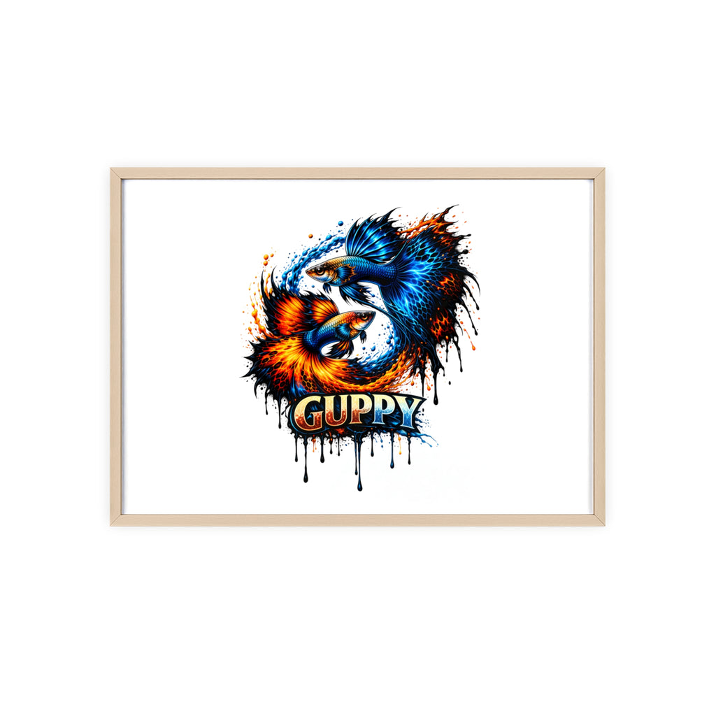 Guppy Fish Art Poster with Wooden Frame — Colorful Koi-Style Aquarium Print