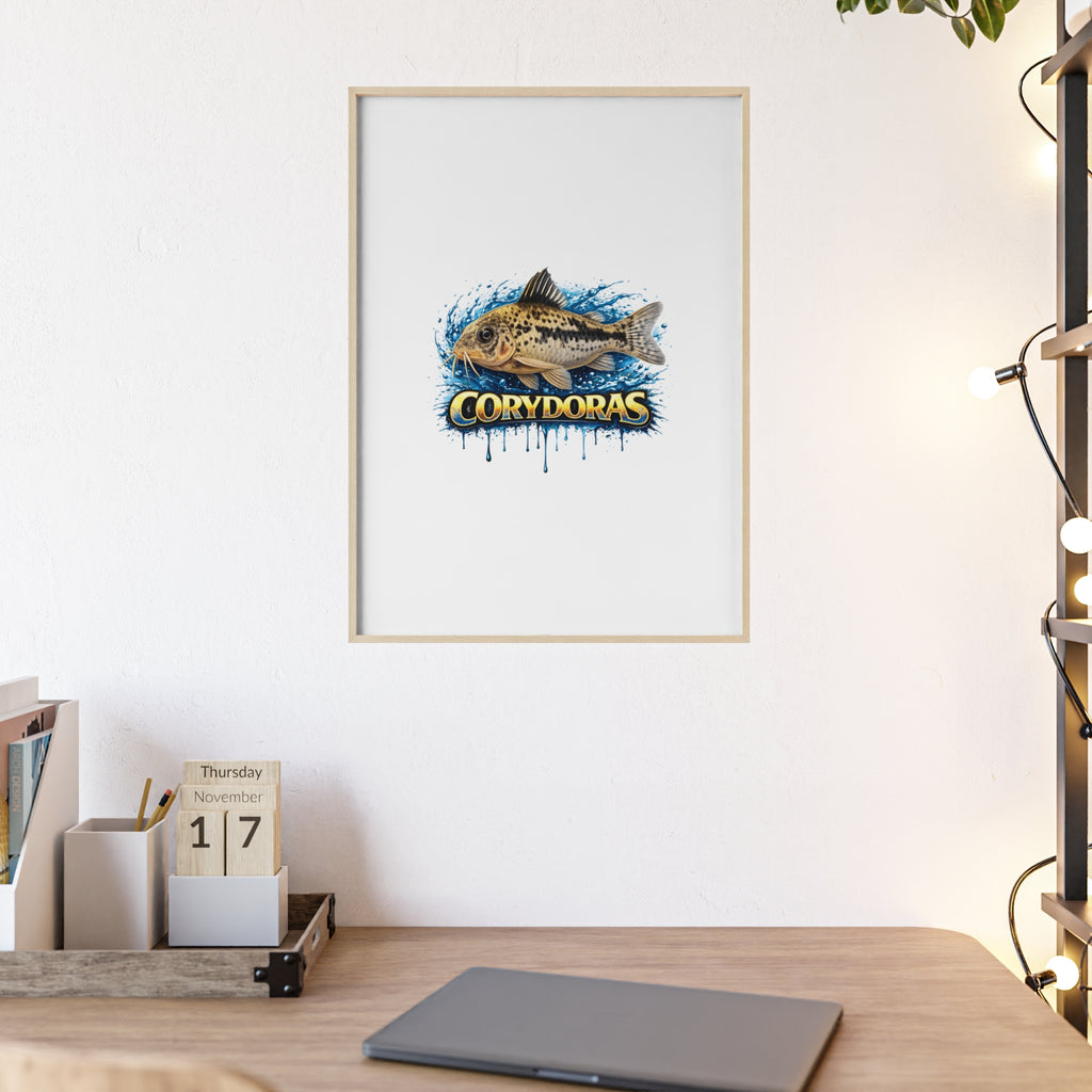 Peppered Corydoras Fish Poster with Wooden Frame — Aquarium Wall Art