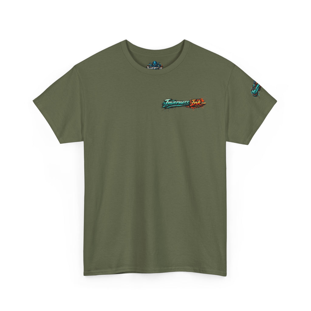 Inverness Ink Graphic Tee — Bold Blue & Orange Splash Backprint