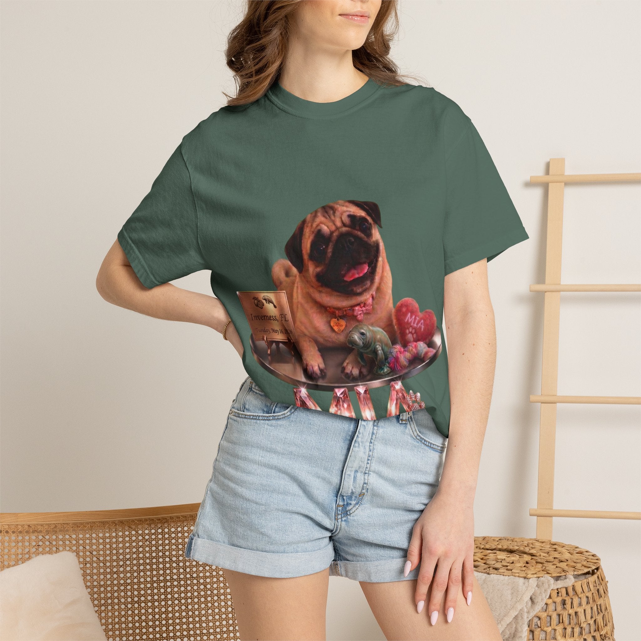 Pug Pet Portrait T-Shirt — Personalized "MIA" Dog Design