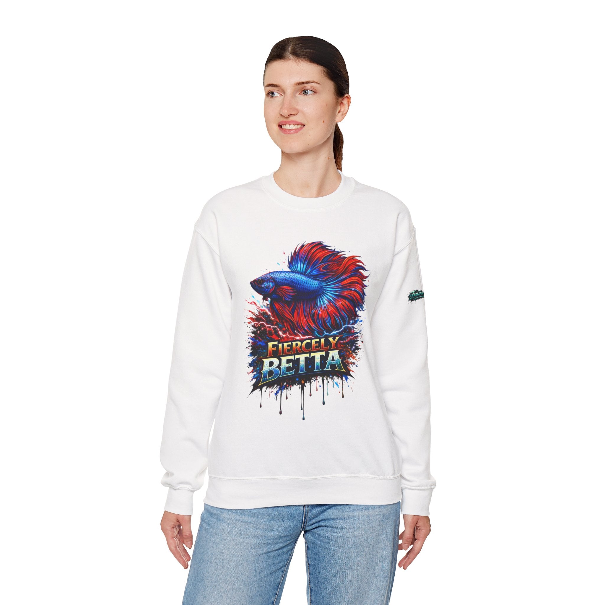 Betta Fish Crewneck Sweatshirt — "Fiercely Betta" Colorful Aquarium Graphic