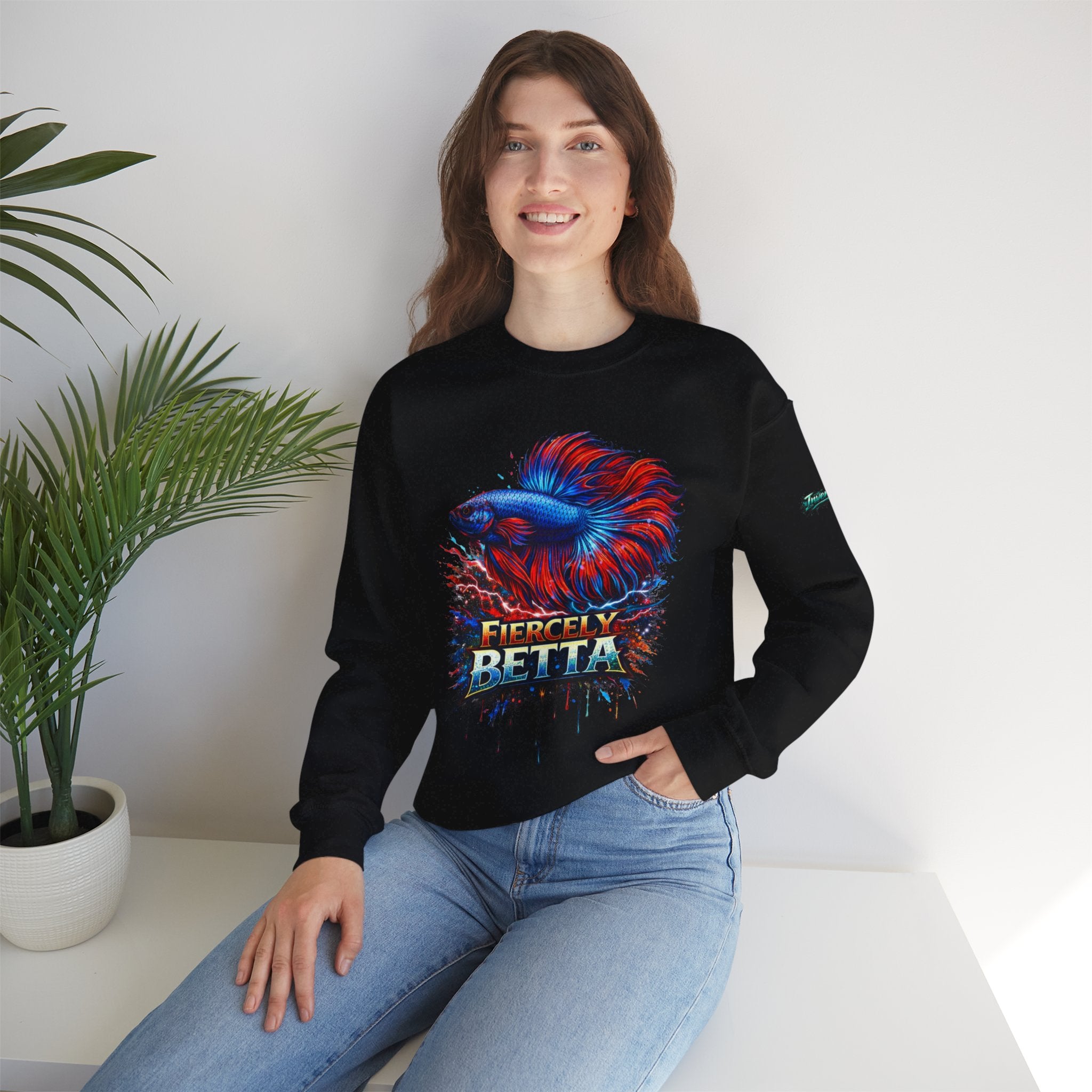 Betta Fish Crewneck Sweatshirt — "Fiercely Betta" Colorful Aquarium Graphic