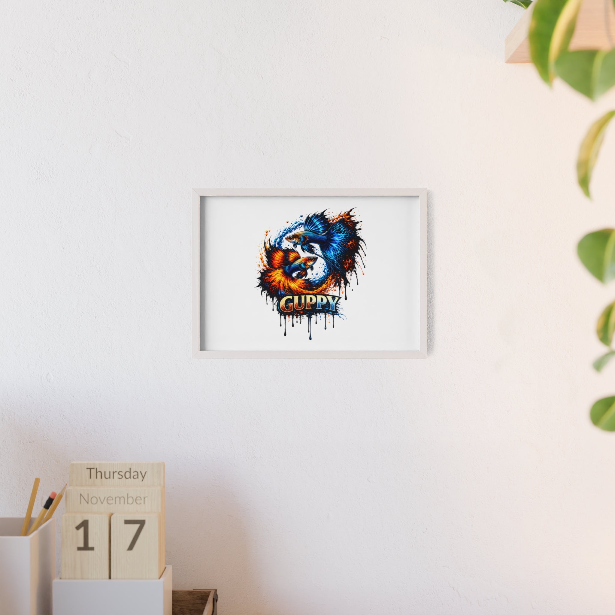 Guppy Fish Art Poster with Wooden Frame — Colorful Koi-Style Aquarium Print
