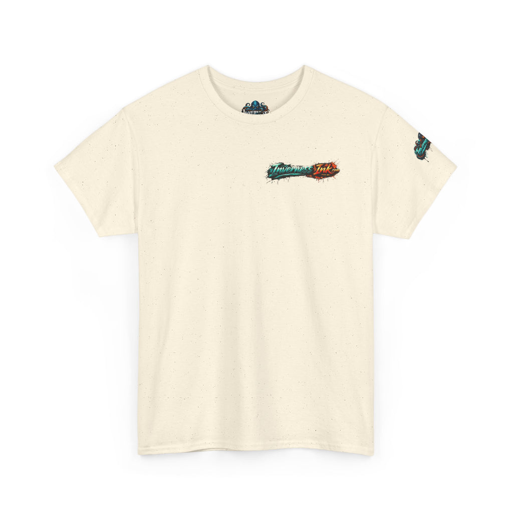 Inverness Ink Graphic Tee — Bold Blue & Orange Splash Backprint