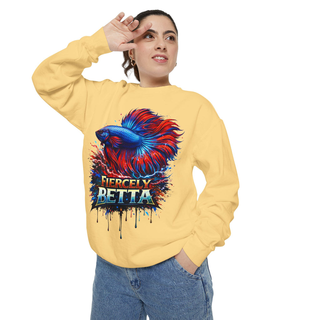 Betta Fish Sweatshirt — "Fiercely Betta" Colorful Aquarium Crewneck