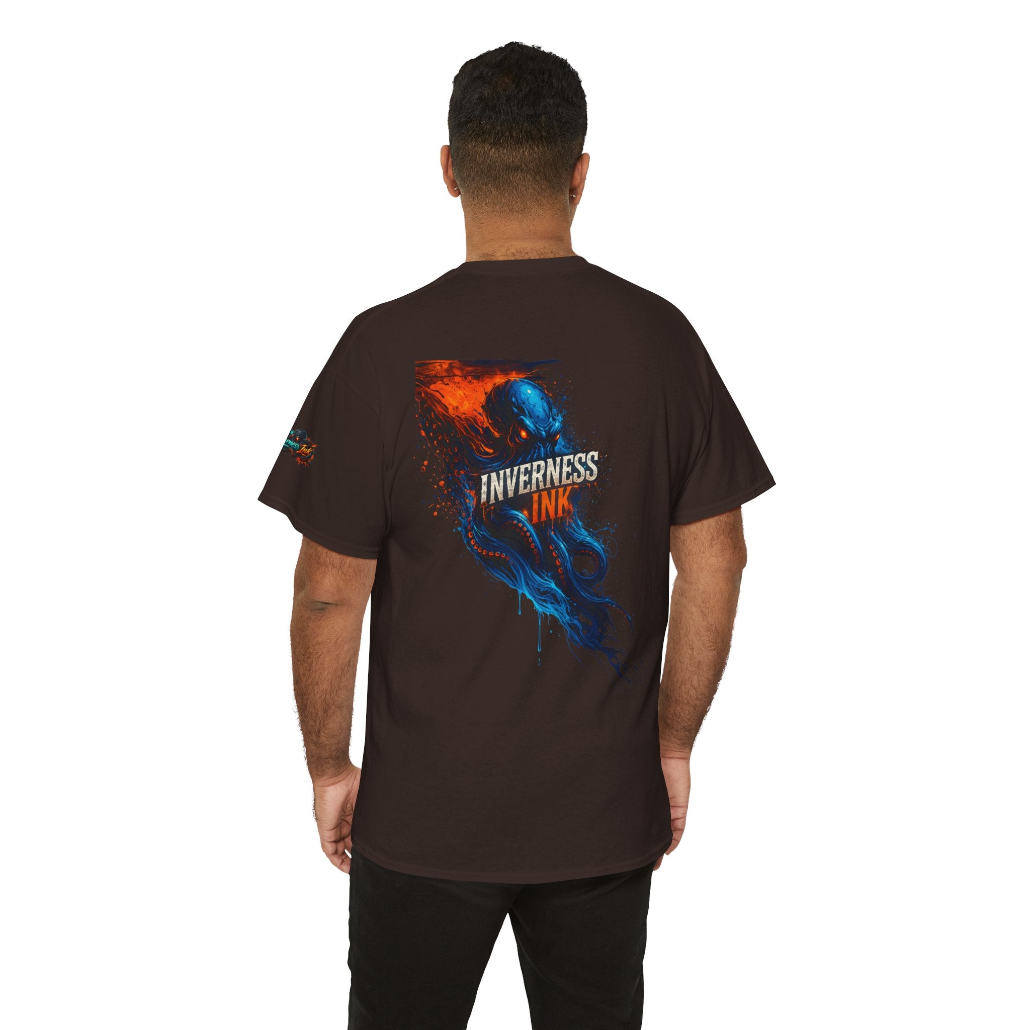 Inverness Ink Graphic Tee — Bold Blue & Orange Splash Backprint