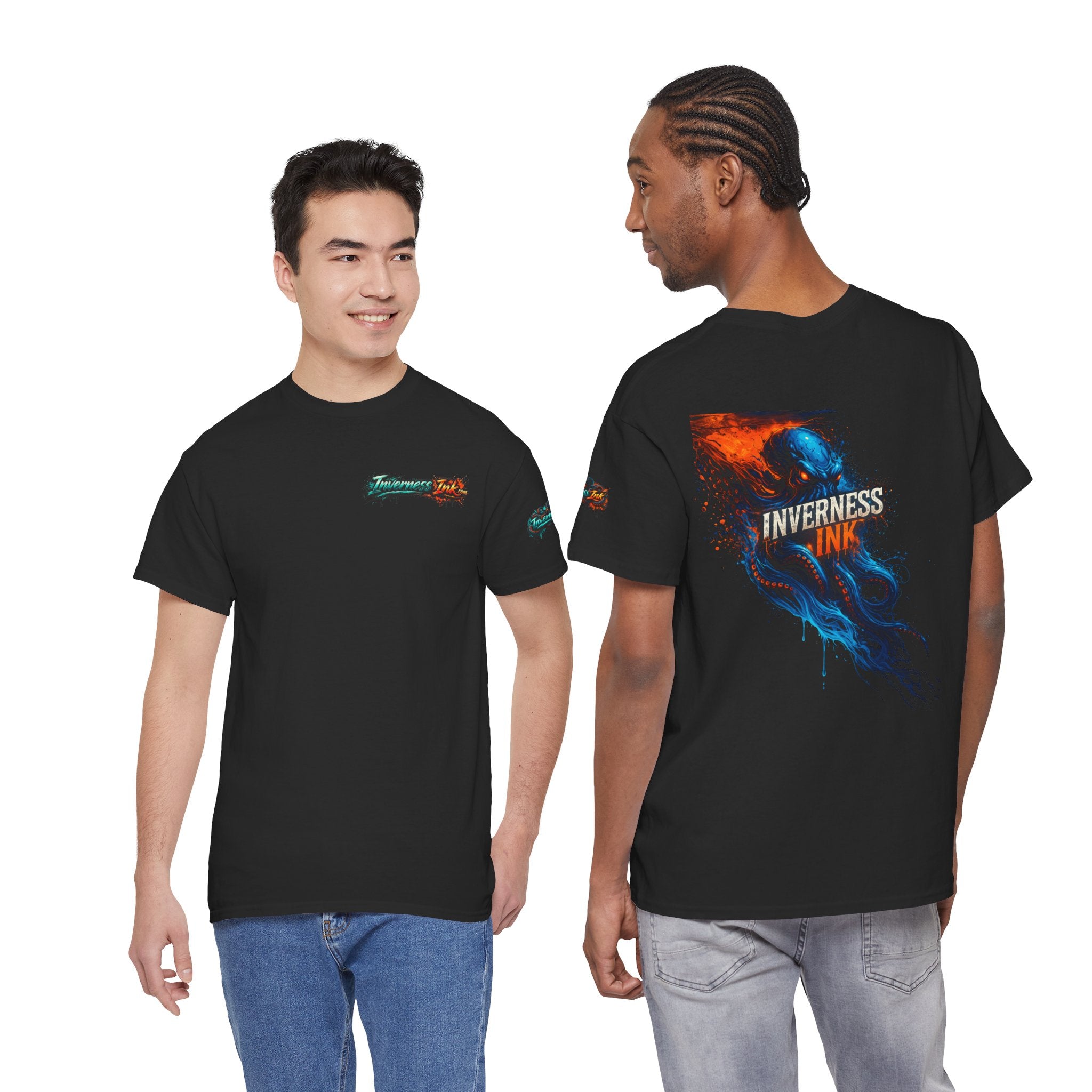 Inverness Ink Graphic Tee — Bold Blue & Orange Splash Backprint