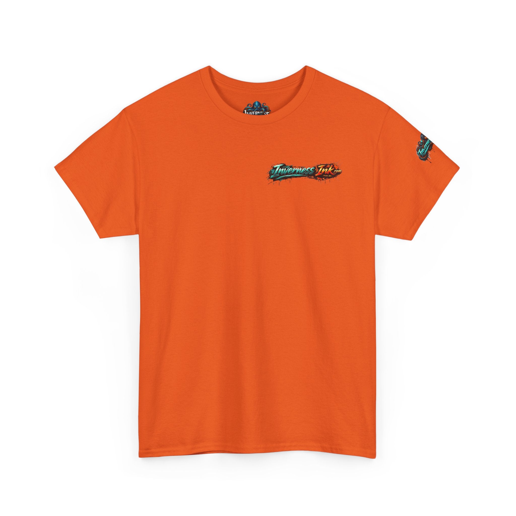 Inverness Ink Graphic Tee — Bold Blue & Orange Splash Backprint