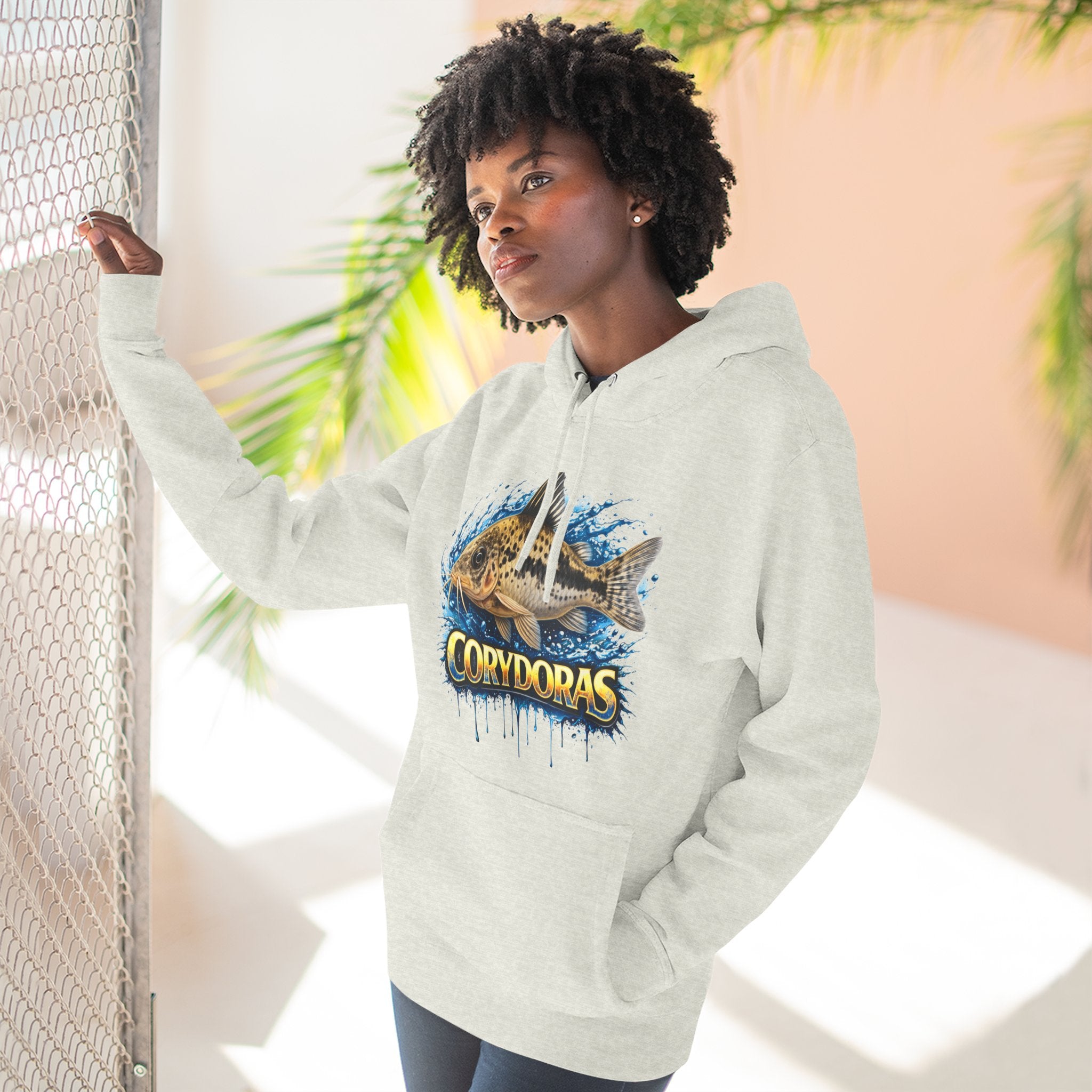 Peppered Corydoras Midweight Fleece Hoodie — Aquatic Catfish Illustration Pullover