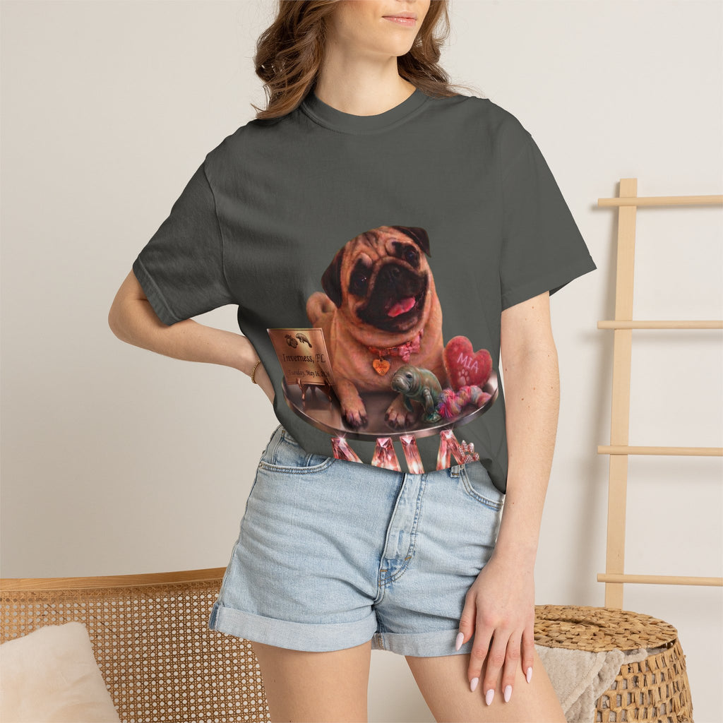Pug Pet Portrait T-Shirt — Personalized "MIA" Dog Design
