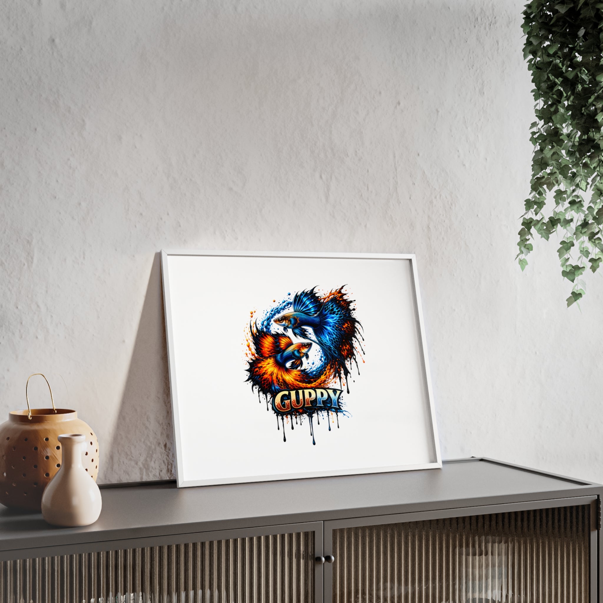 Guppy Fish Art Poster with Wooden Frame — Colorful Koi-Style Aquarium Print