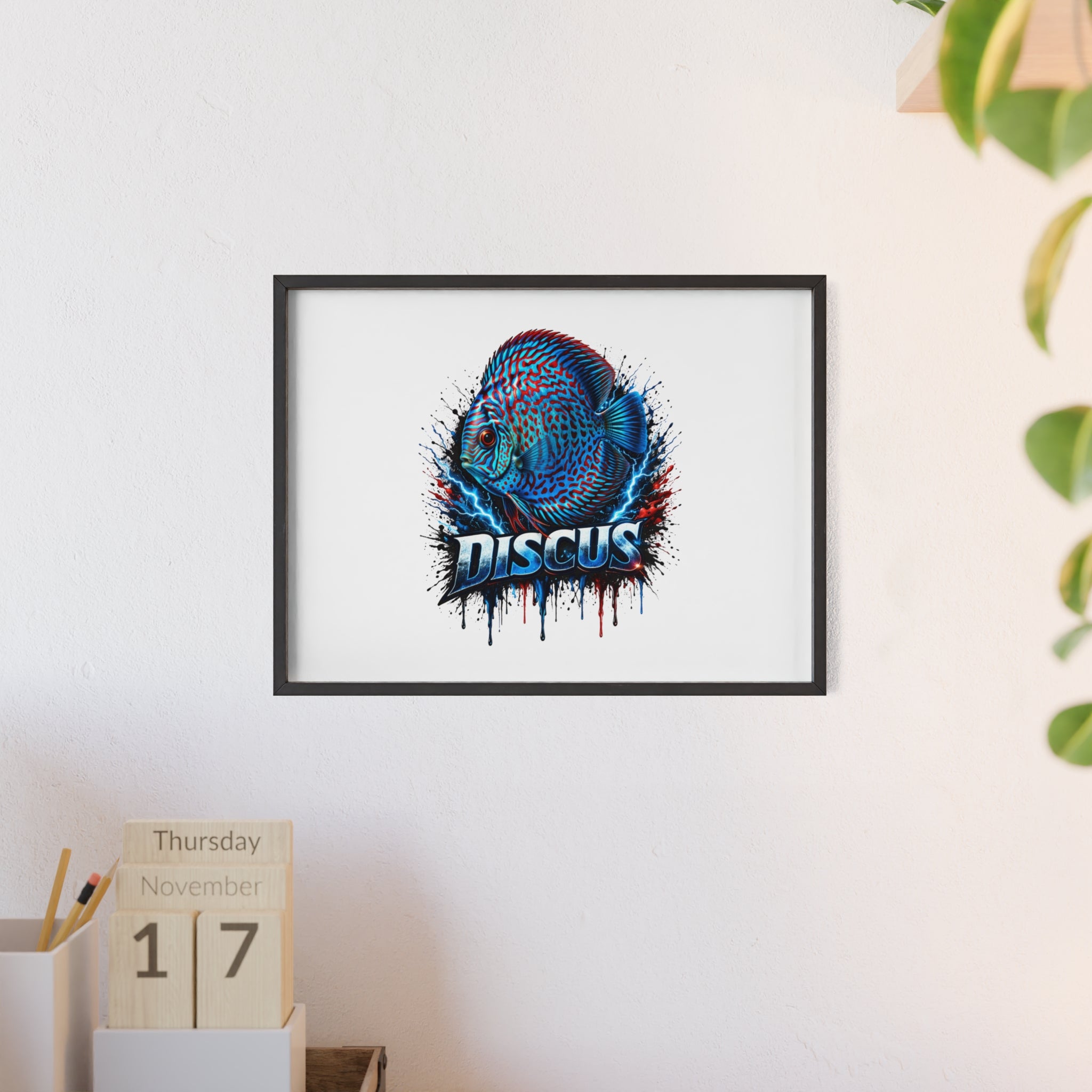 Discus Fish Poster with Wooden Frame — Colorful Aquarium Art Print