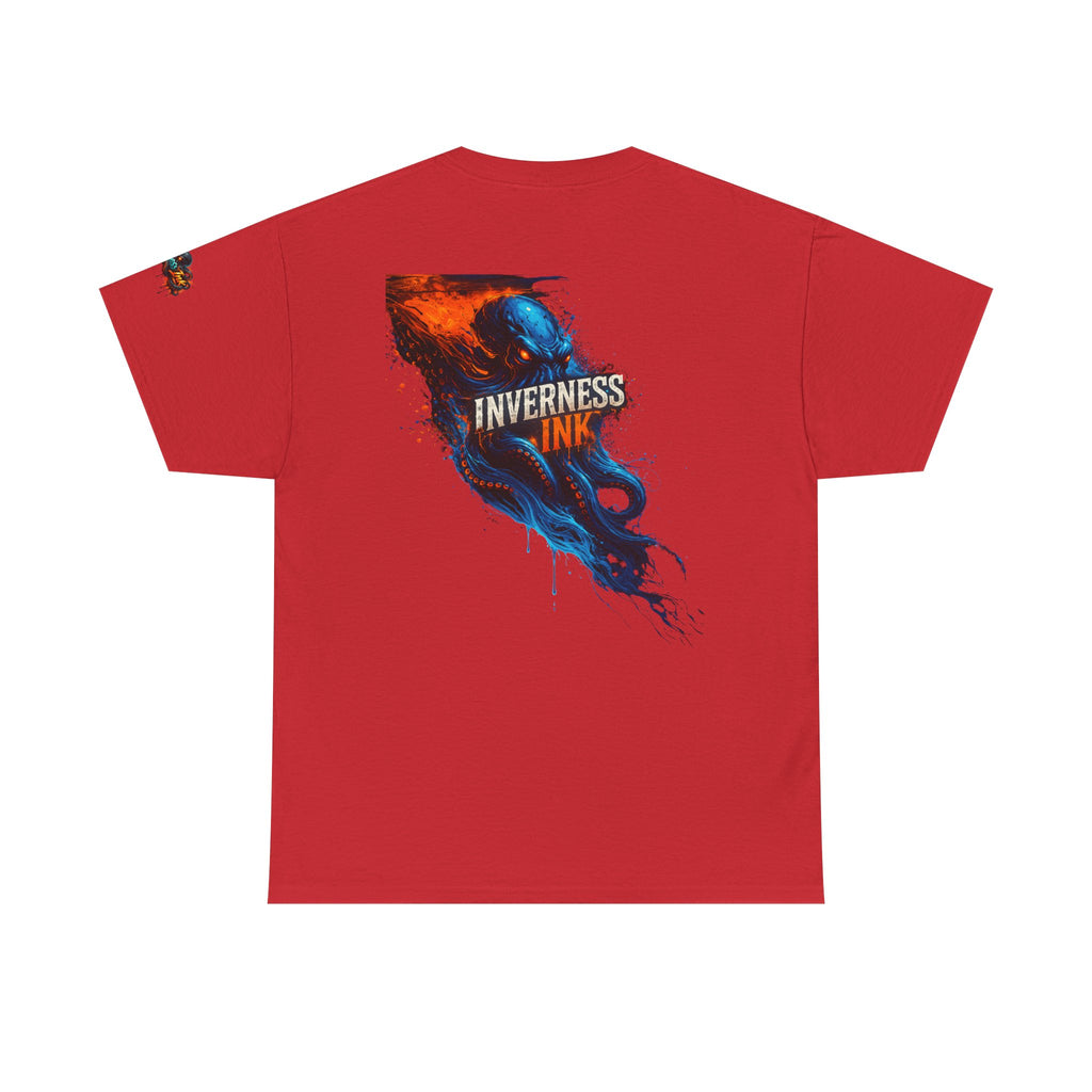 Inverness Ink Graphic Tee — Bold Blue & Orange Splash Backprint