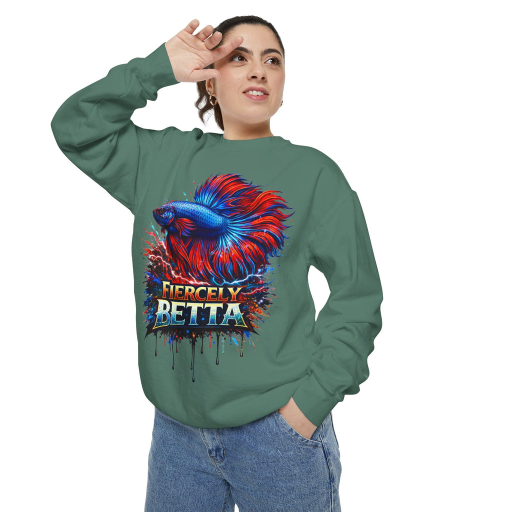Betta Fish Sweatshirt — "Fiercely Betta" Colorful Aquarium Crewneck