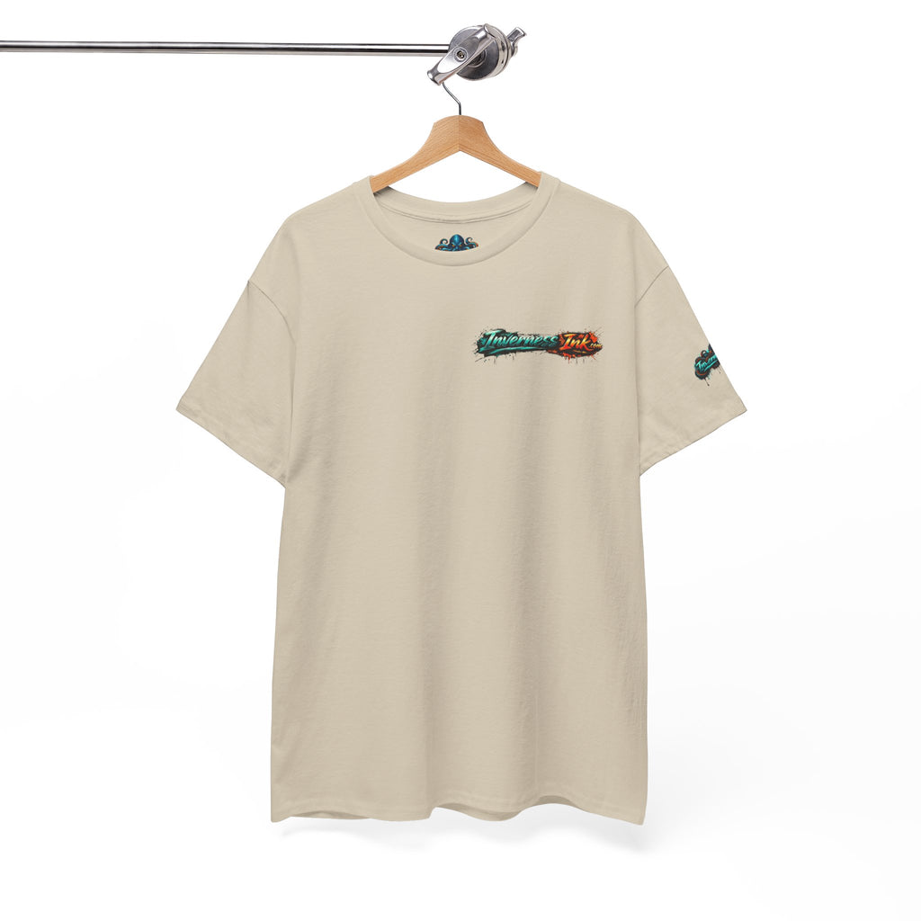 Inverness Ink Graphic Tee — Bold Blue & Orange Splash Backprint