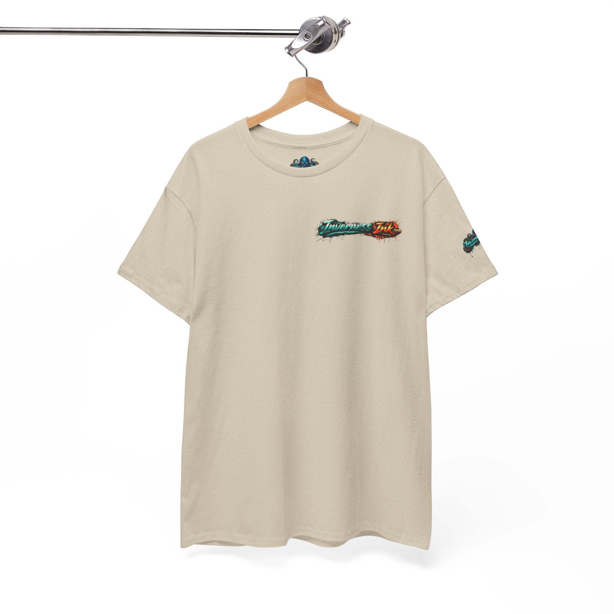 Inverness Ink Graphic Tee — Bold Blue & Orange Splash Backprint