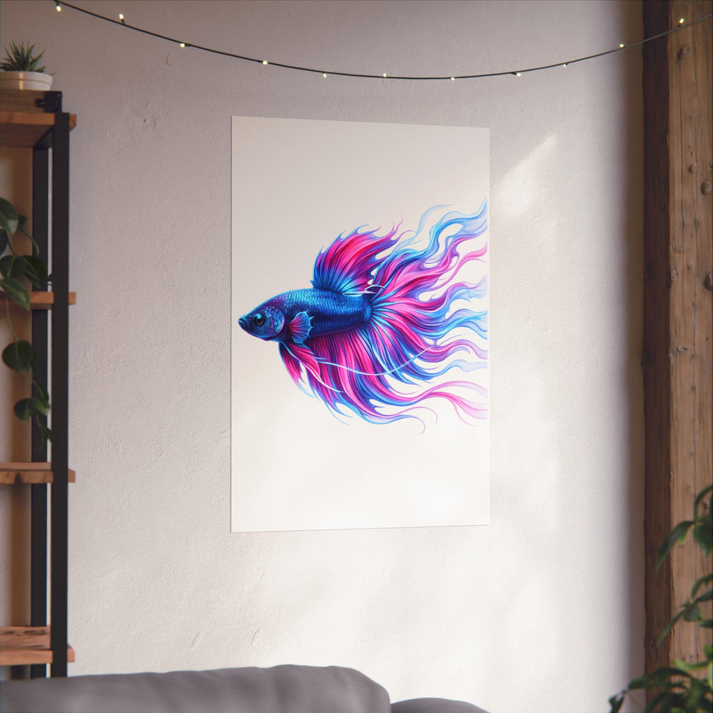 Betta Fish Art Poster — Colorful Blue & Pink Matte Vertical Wall Print