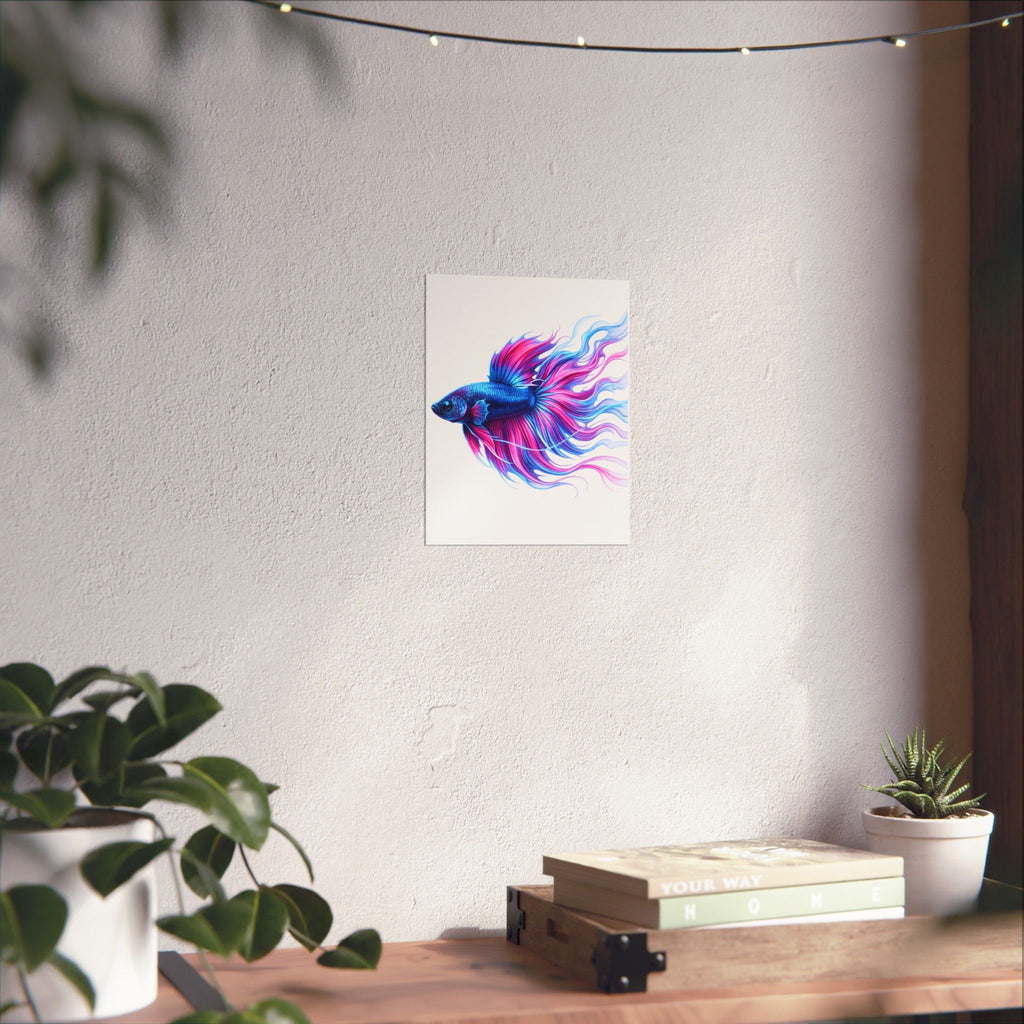 Betta Fish Art Poster — Colorful Blue & Pink Matte Vertical Wall Print
