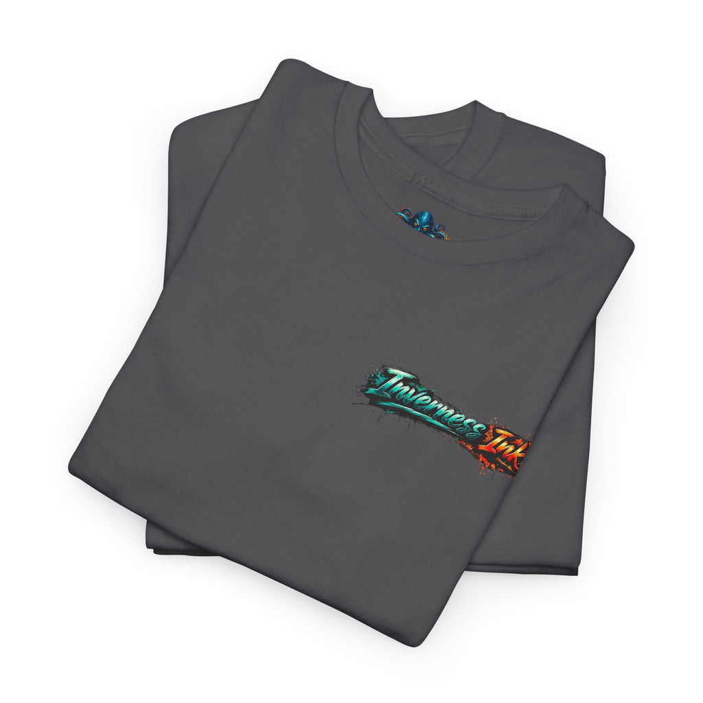 Inverness Ink Graphic Tee — Bold Blue & Orange Splash Backprint