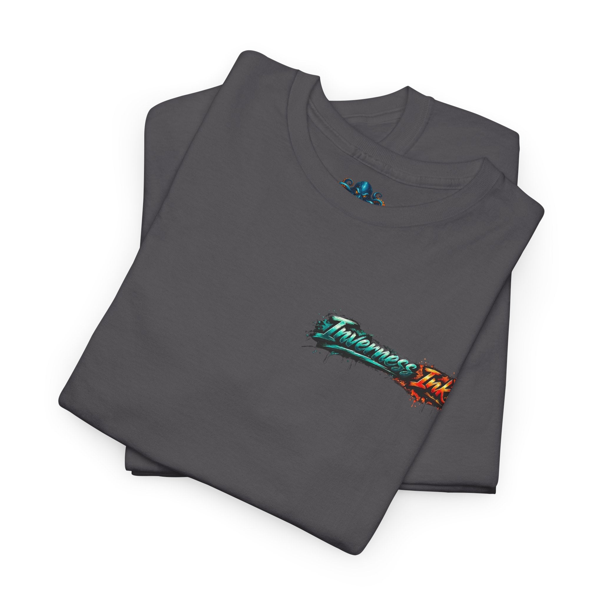 Inverness Ink Graphic Tee — Bold Blue & Orange Splash Backprint