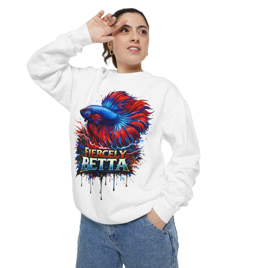 Betta Fish Sweatshirt — "Fiercely Betta" Colorful Aquarium Crewneck