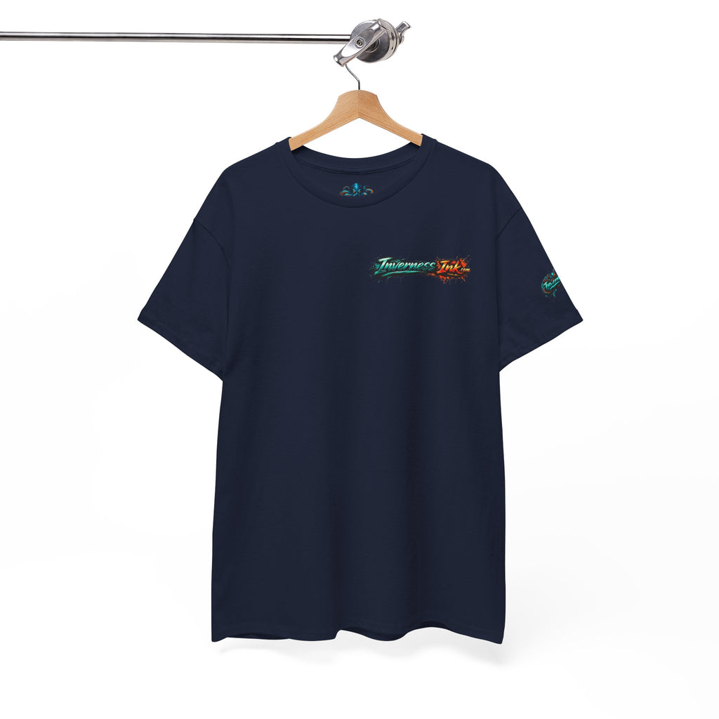 Inverness Ink Graphic Tee — Bold Blue & Orange Splash Backprint