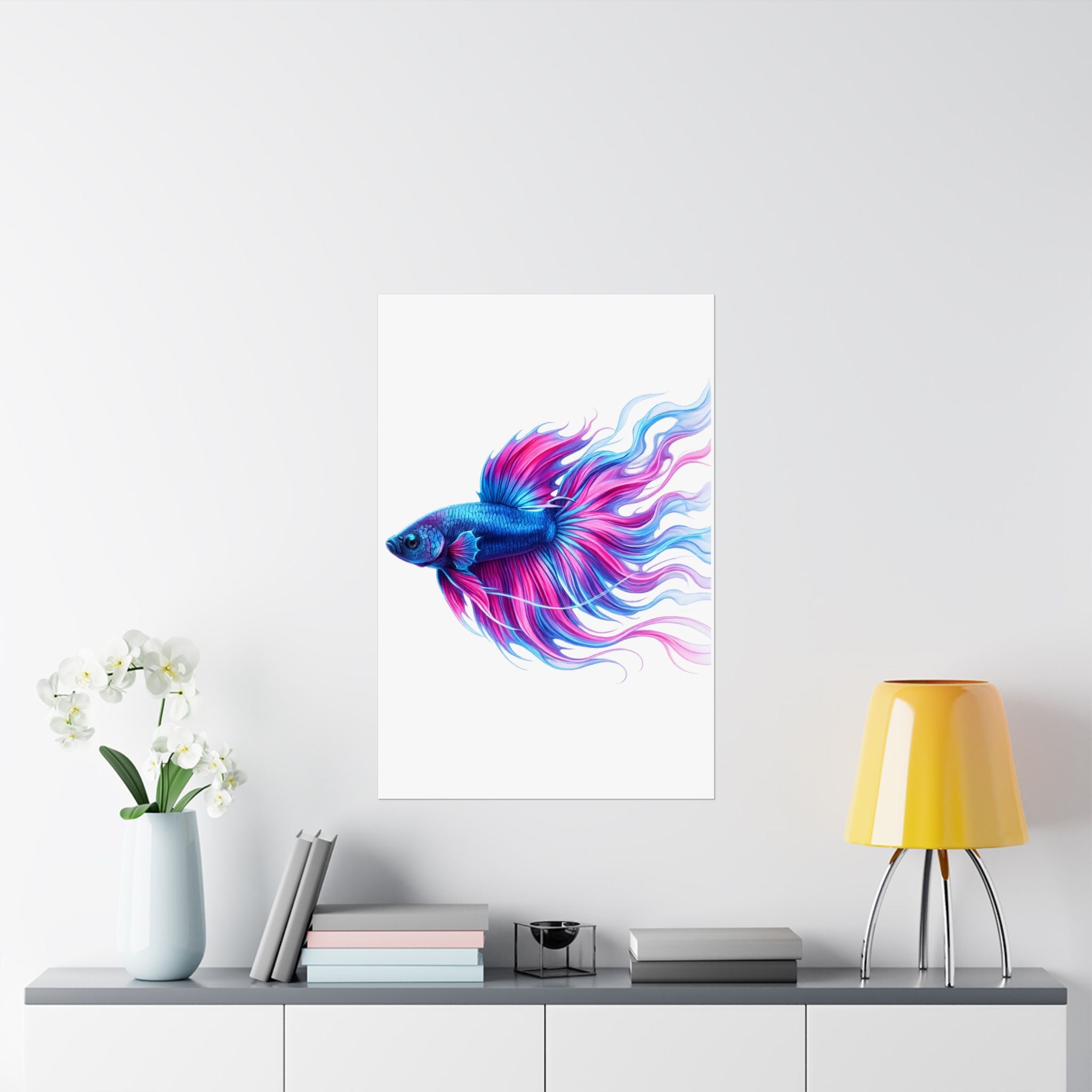 Betta Fish Art Poster — Colorful Blue & Pink Matte Vertical Wall Print