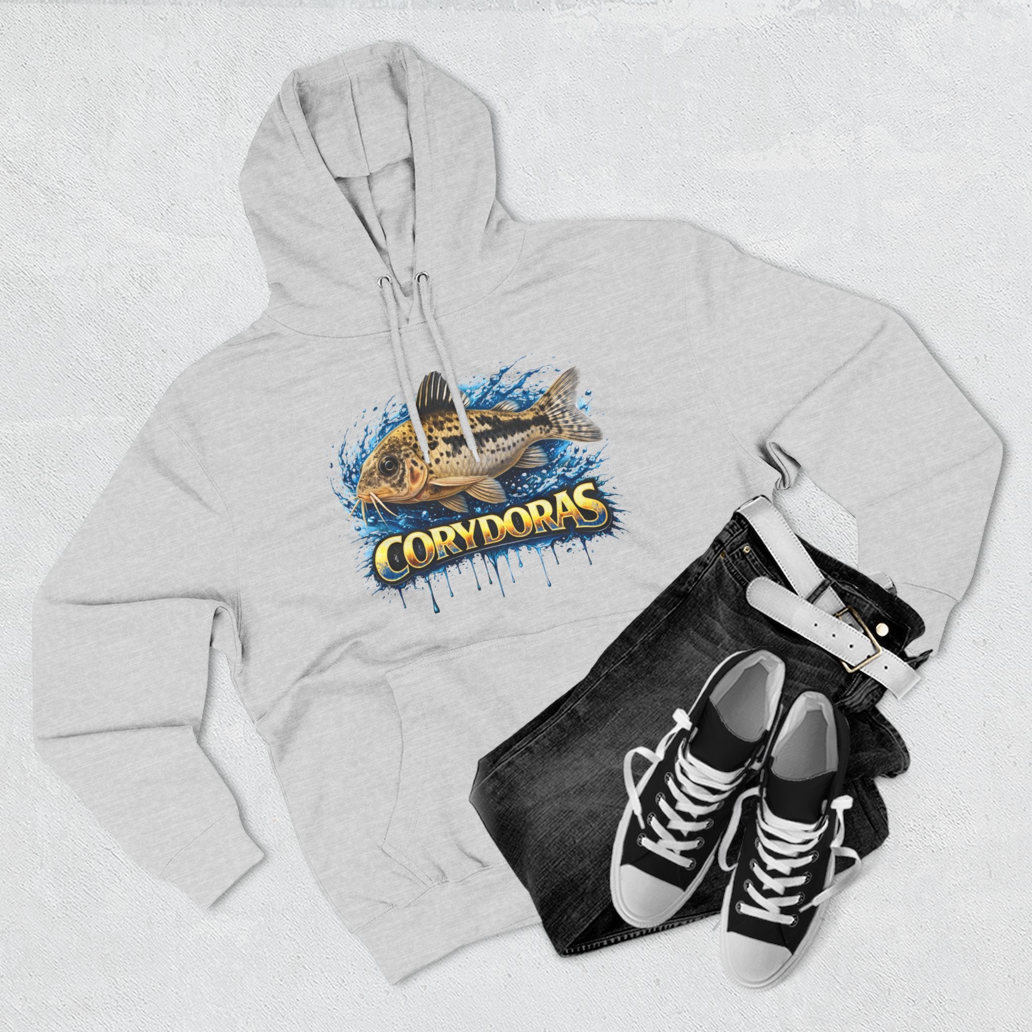 Peppered Corydoras Midweight Fleece Hoodie — Aquatic Catfish Illustration Pullover