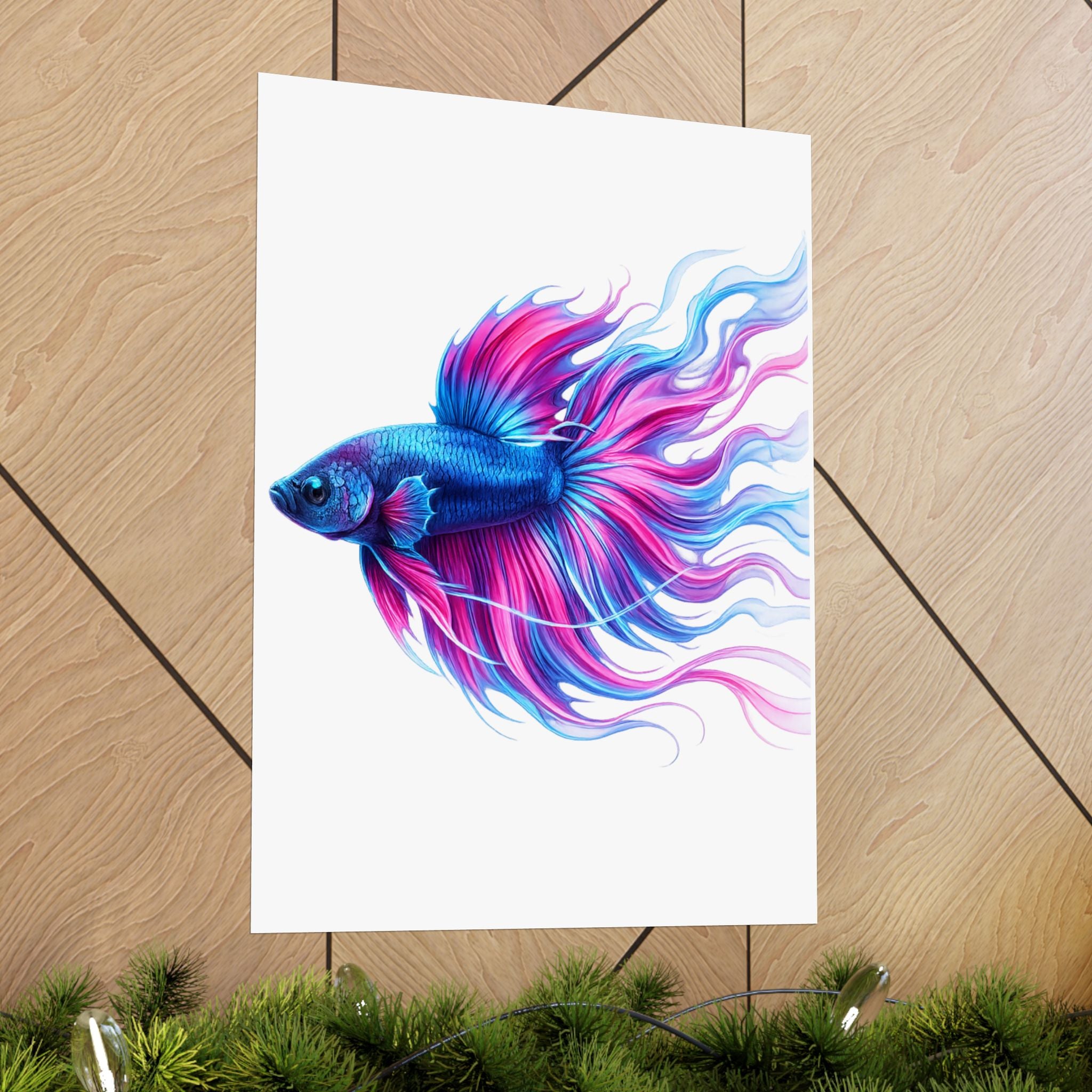 Betta Fish Art Poster — Colorful Blue & Pink Matte Vertical Wall Print