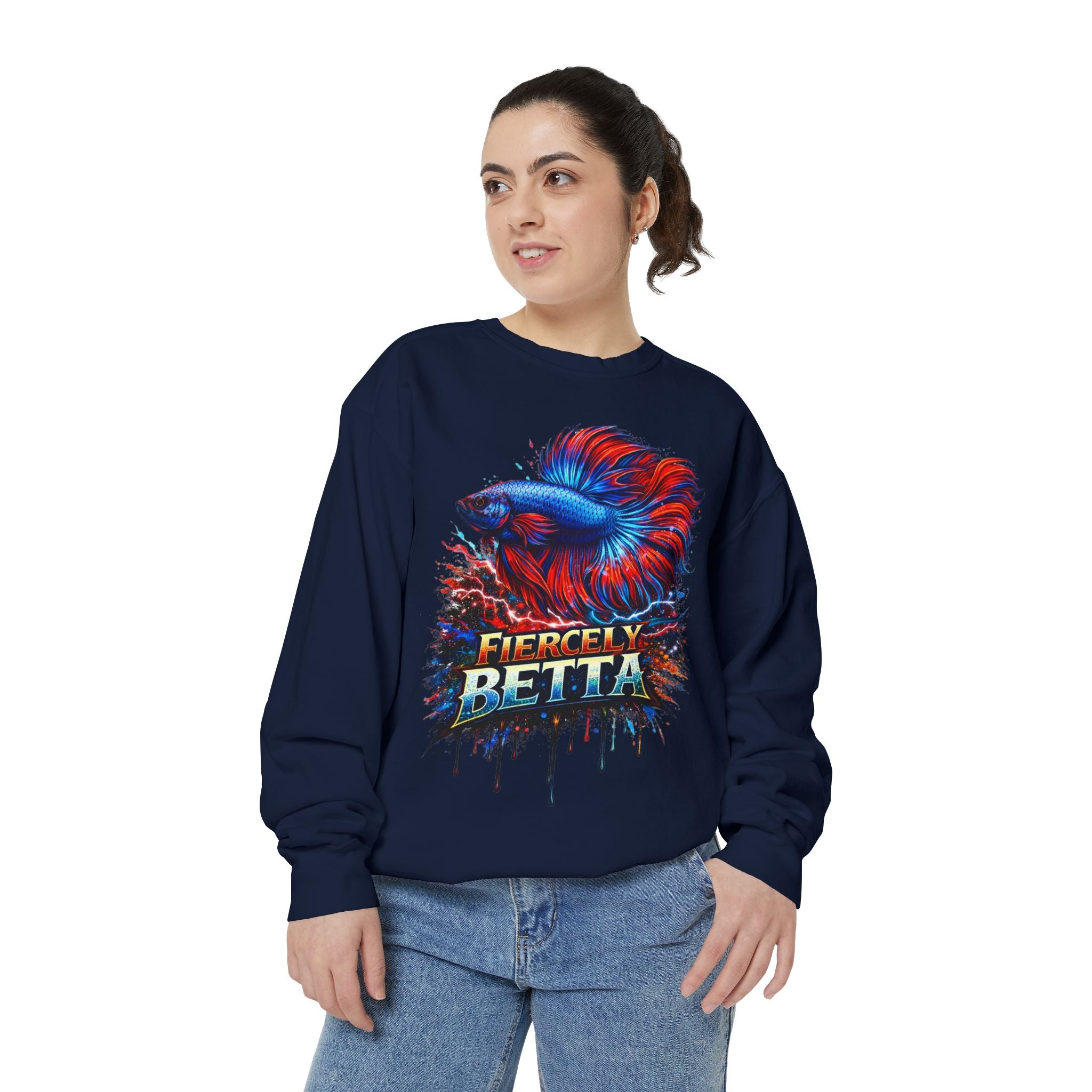 Betta Fish Sweatshirt — "Fiercely Betta" Colorful Aquarium Crewneck