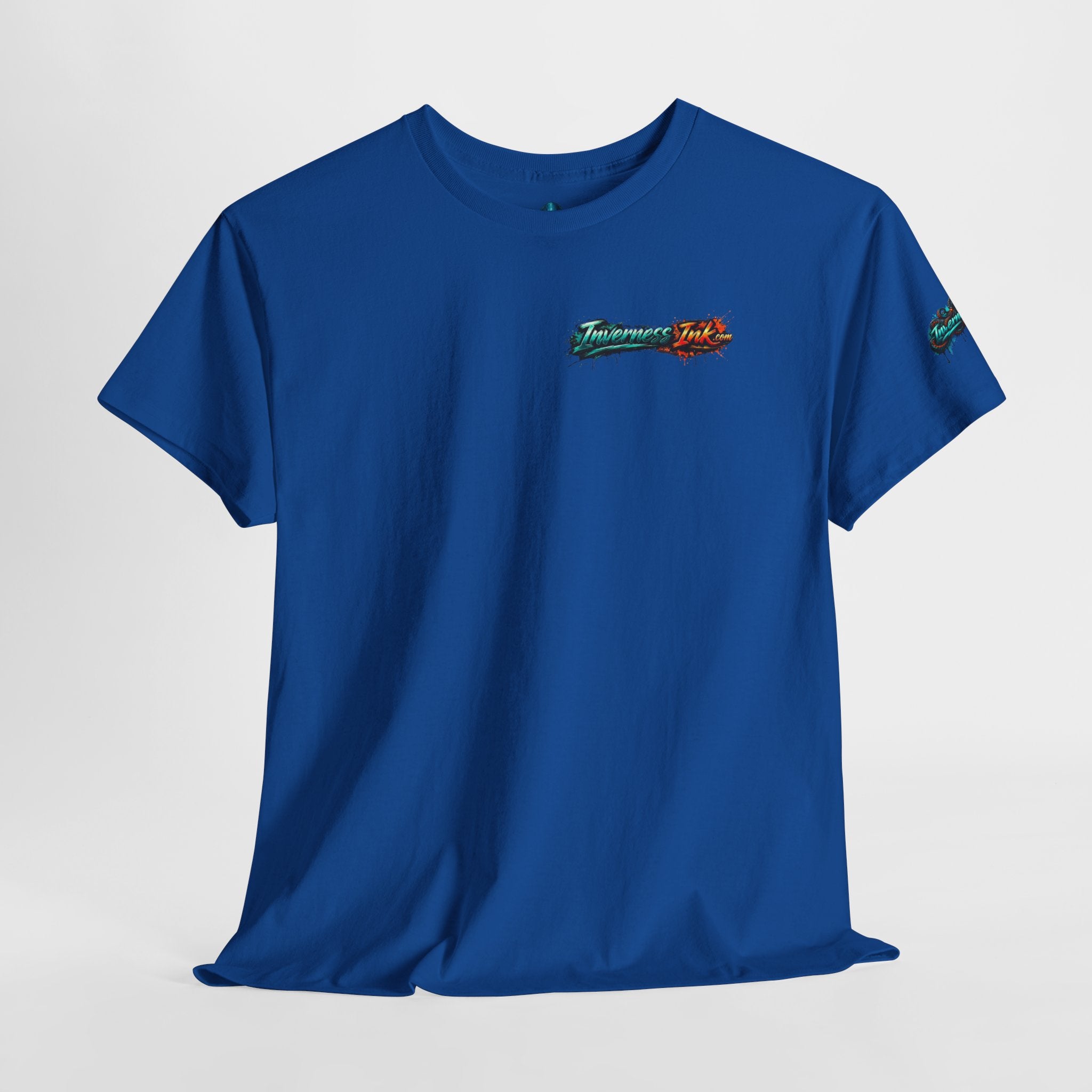 Inverness Ink Graphic Tee — Bold Blue & Orange Splash Backprint