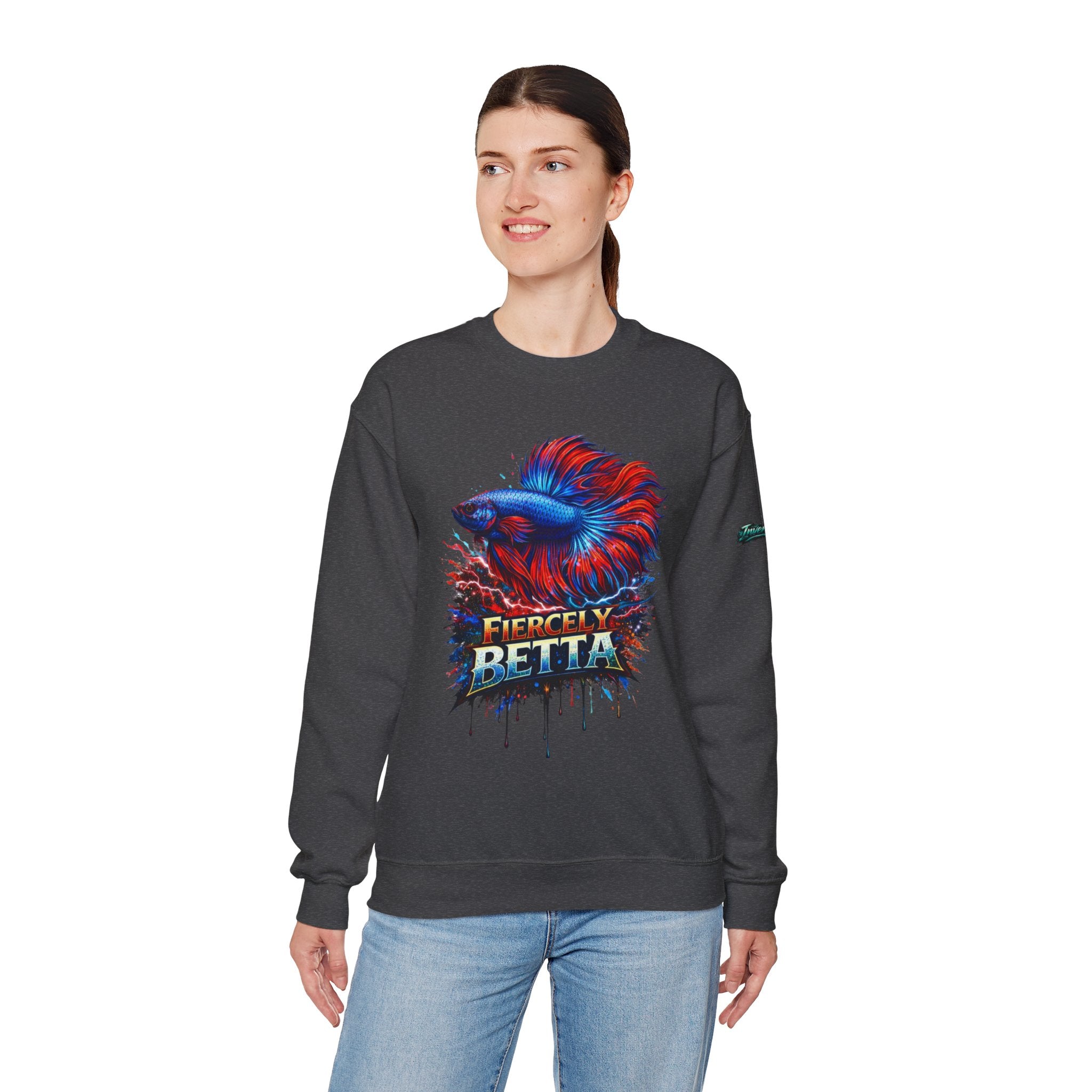 Betta Fish Crewneck Sweatshirt — "Fiercely Betta" Colorful Aquarium Graphic
