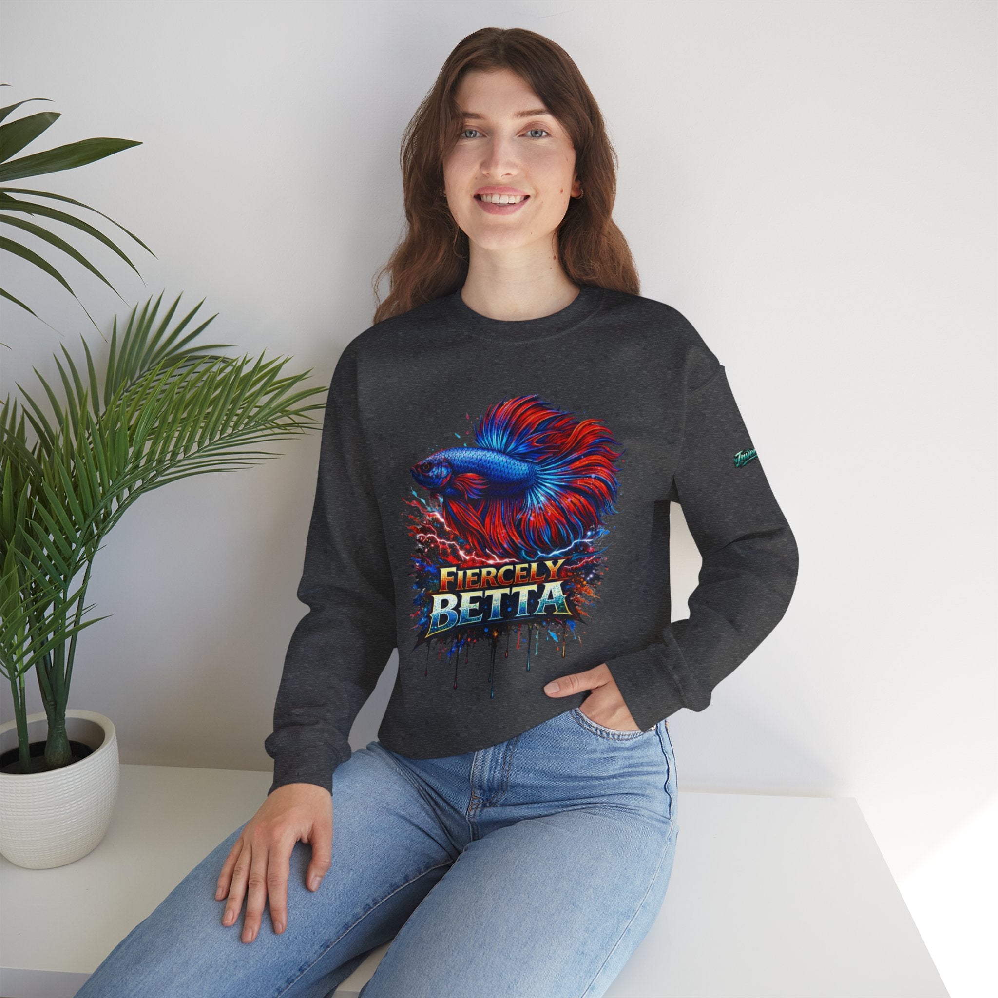Betta Fish Crewneck Sweatshirt — "Fiercely Betta" Colorful Aquarium Graphic