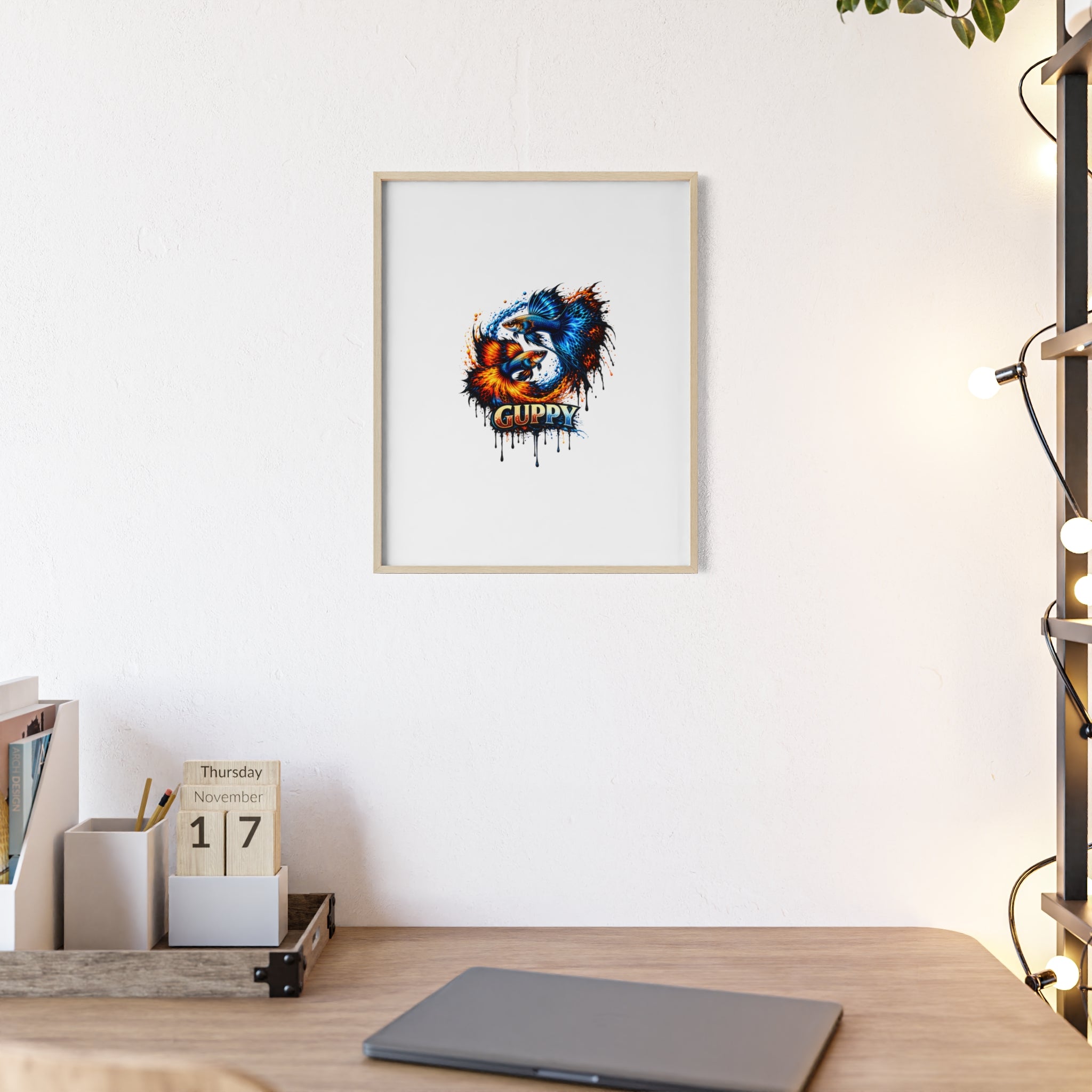 Guppy Fish Art Poster with Wooden Frame — Colorful Koi-Style Aquarium Print
