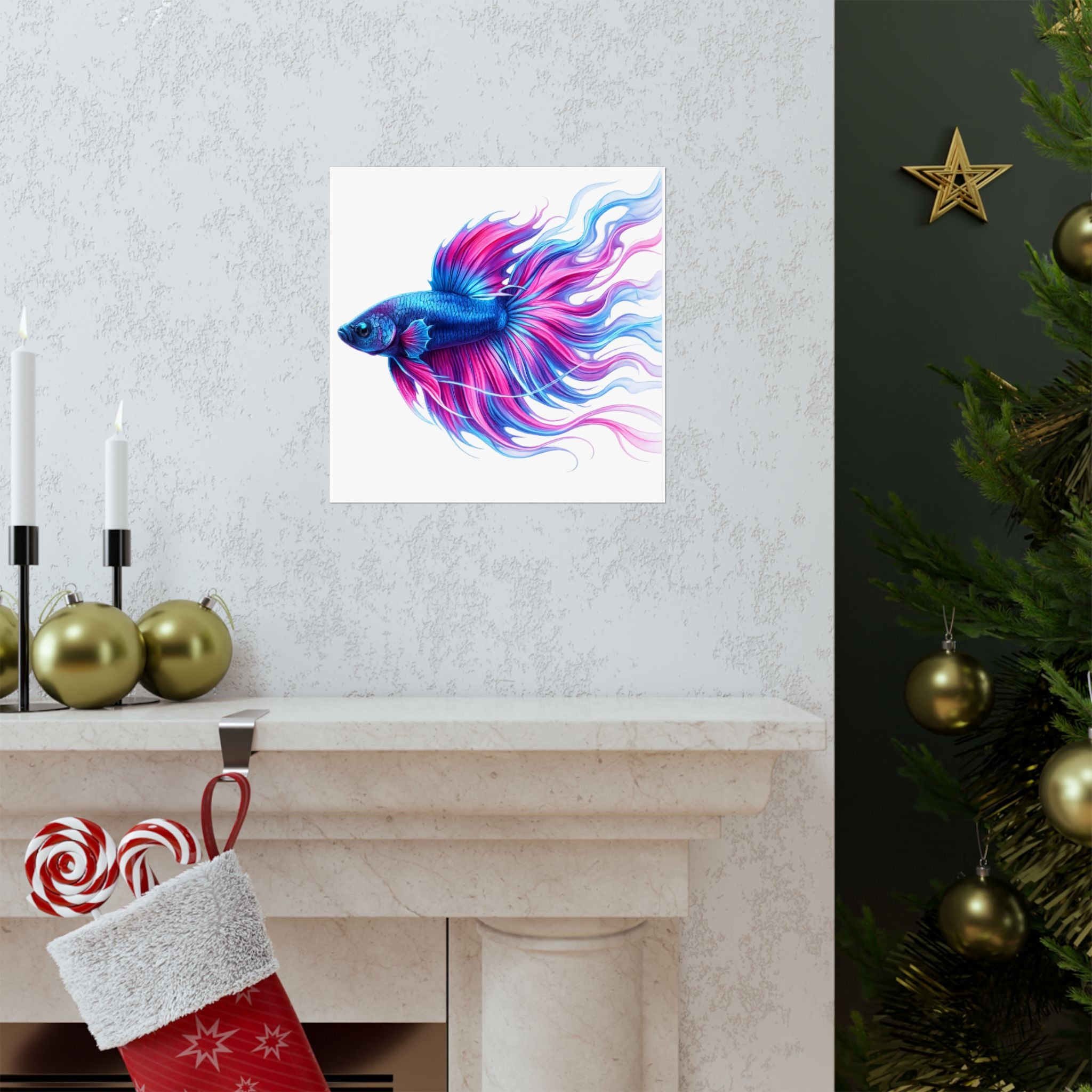 Betta Fish Art Poster — Colorful Blue & Pink Matte Vertical Wall Print