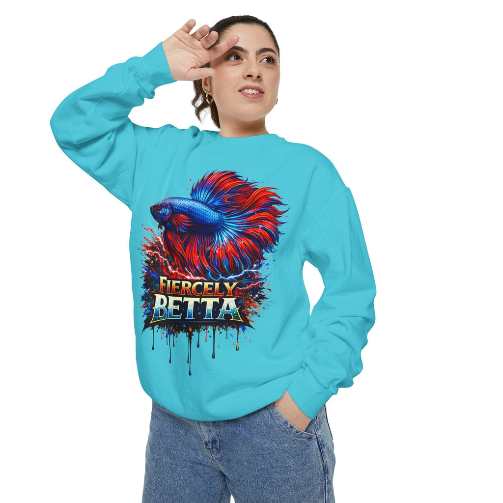 Betta Fish Sweatshirt — "Fiercely Betta" Colorful Aquarium Crewneck