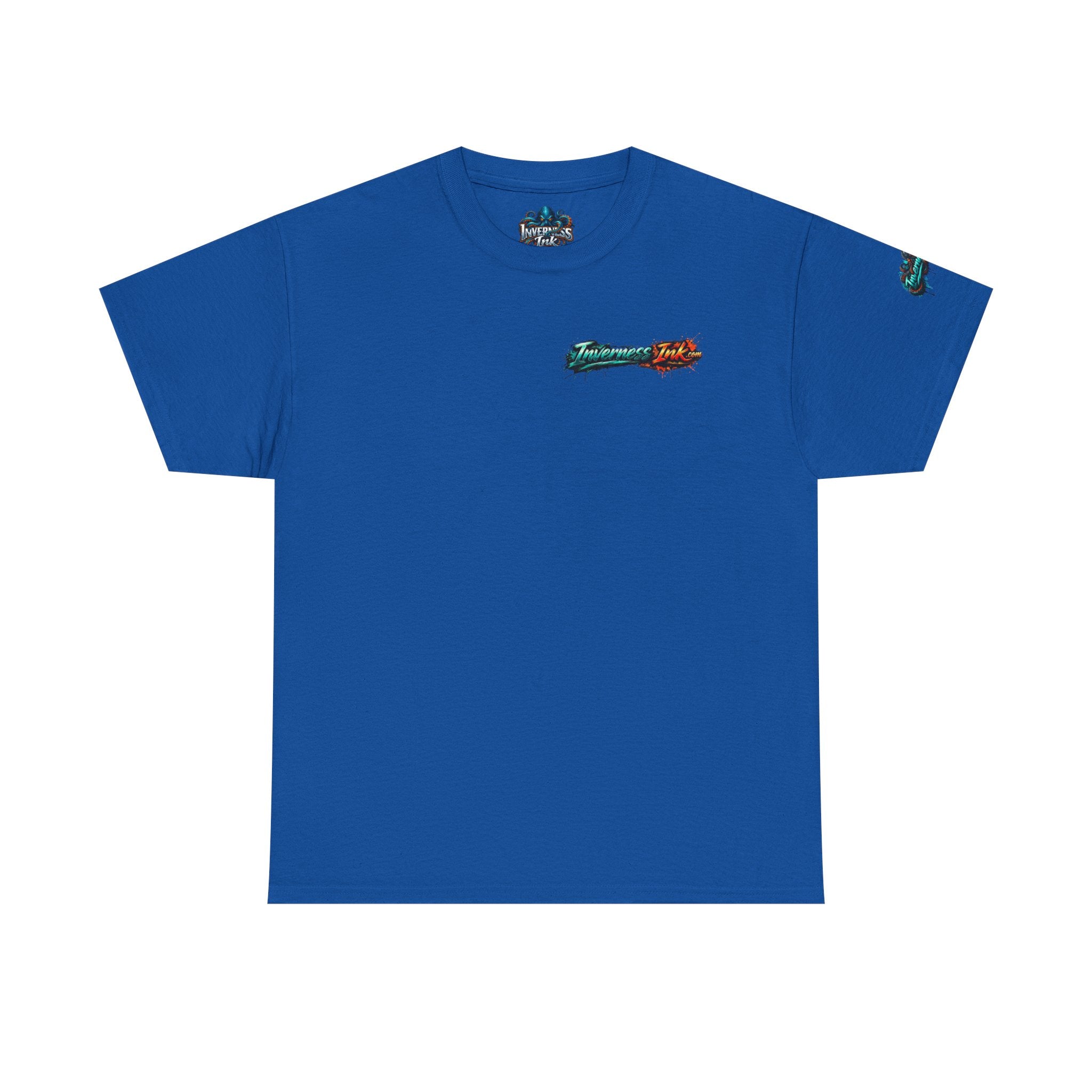 Inverness Ink Graphic Tee — Bold Blue & Orange Splash Backprint